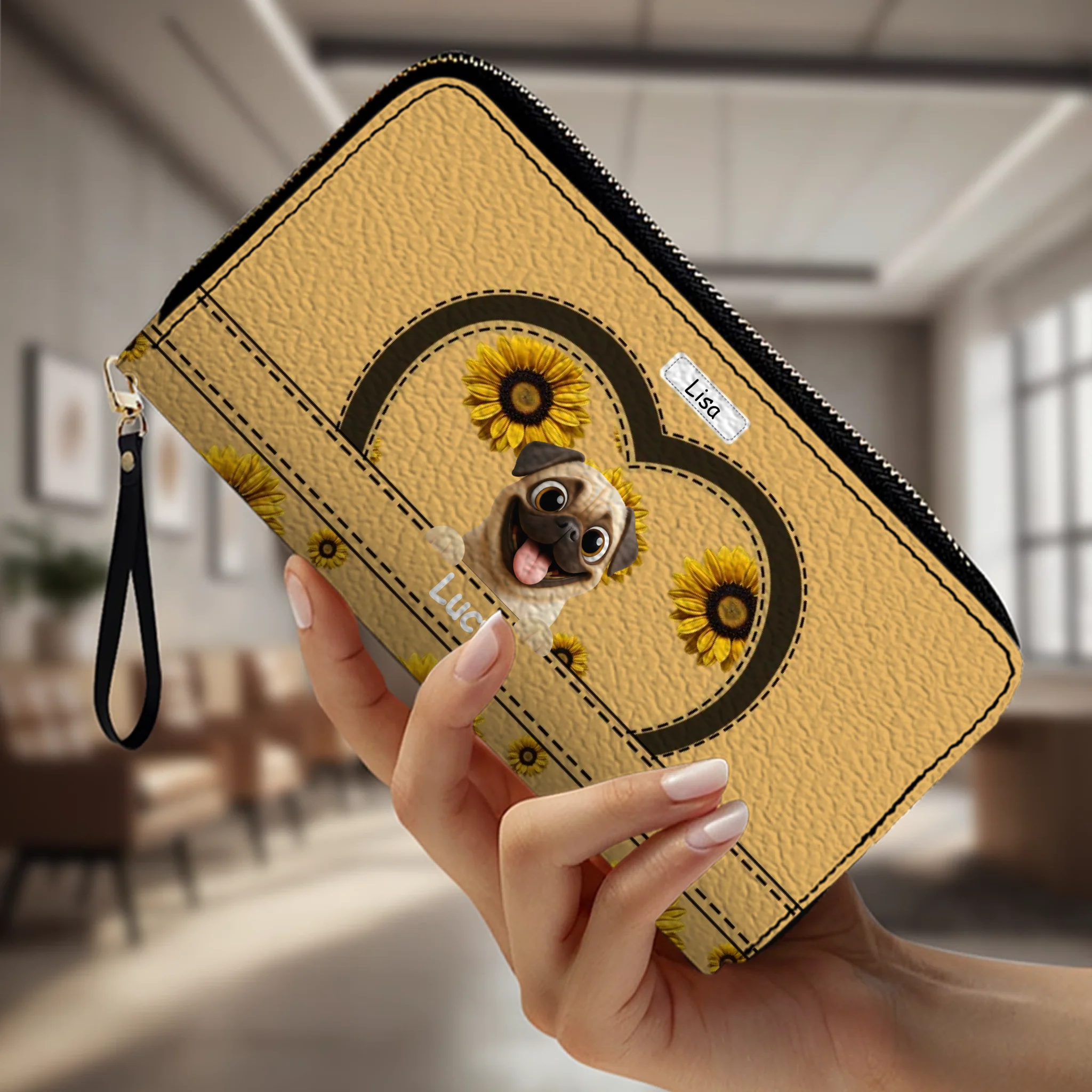 Customized Pug Leather Wallet - Personalized Gift With Dog And Sunflower Design | 89Prints