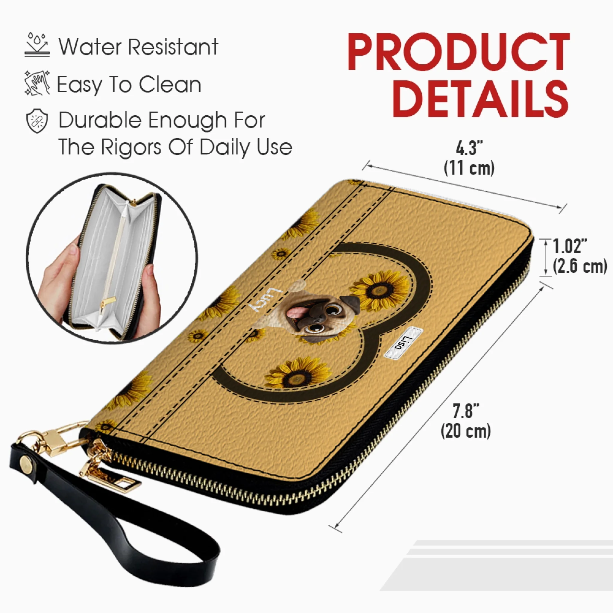 Customized Pug Leather Wallet - Personalized Gift With Dog And Sunflower Design | 89Prints