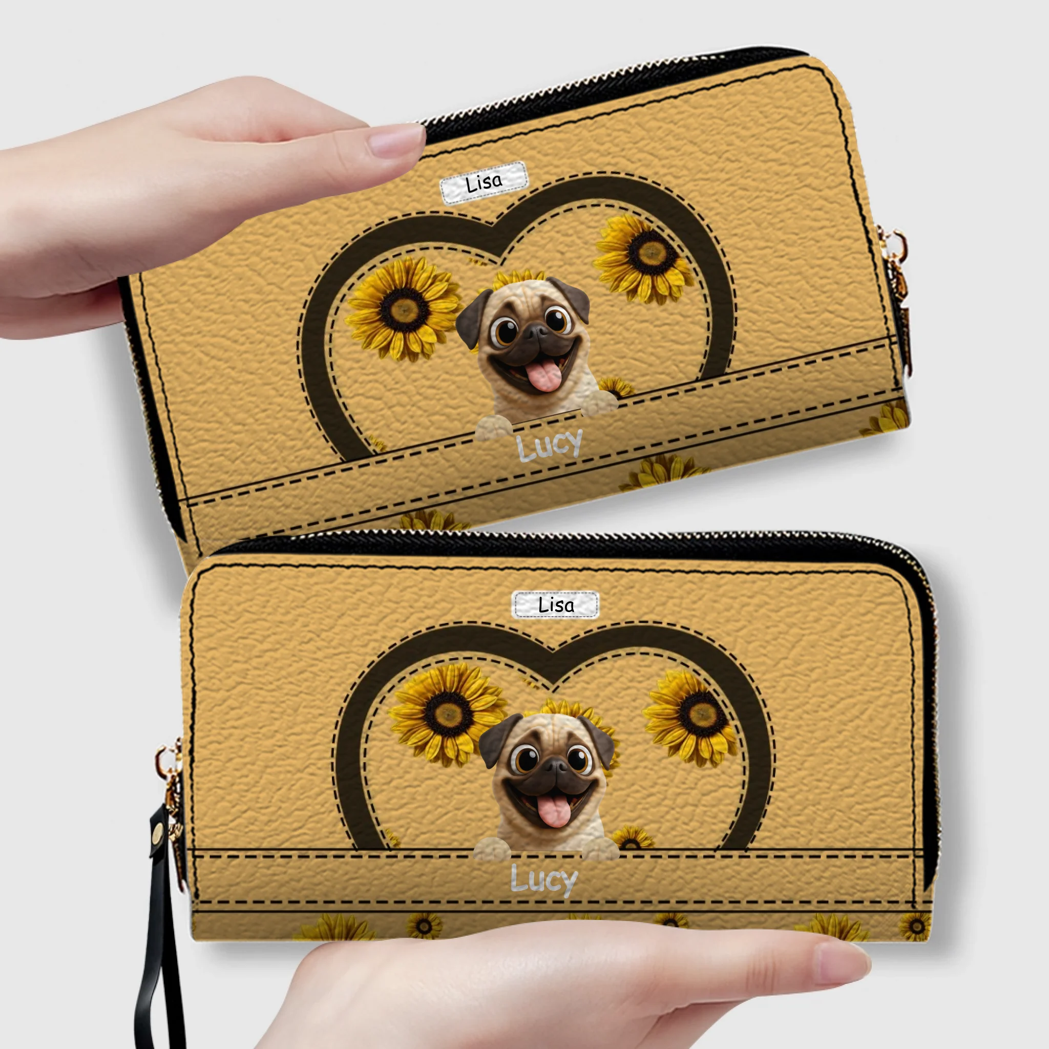 Customized Pug Leather Wallet - Personalized Gift With Dog And Sunflower Design | 89Prints