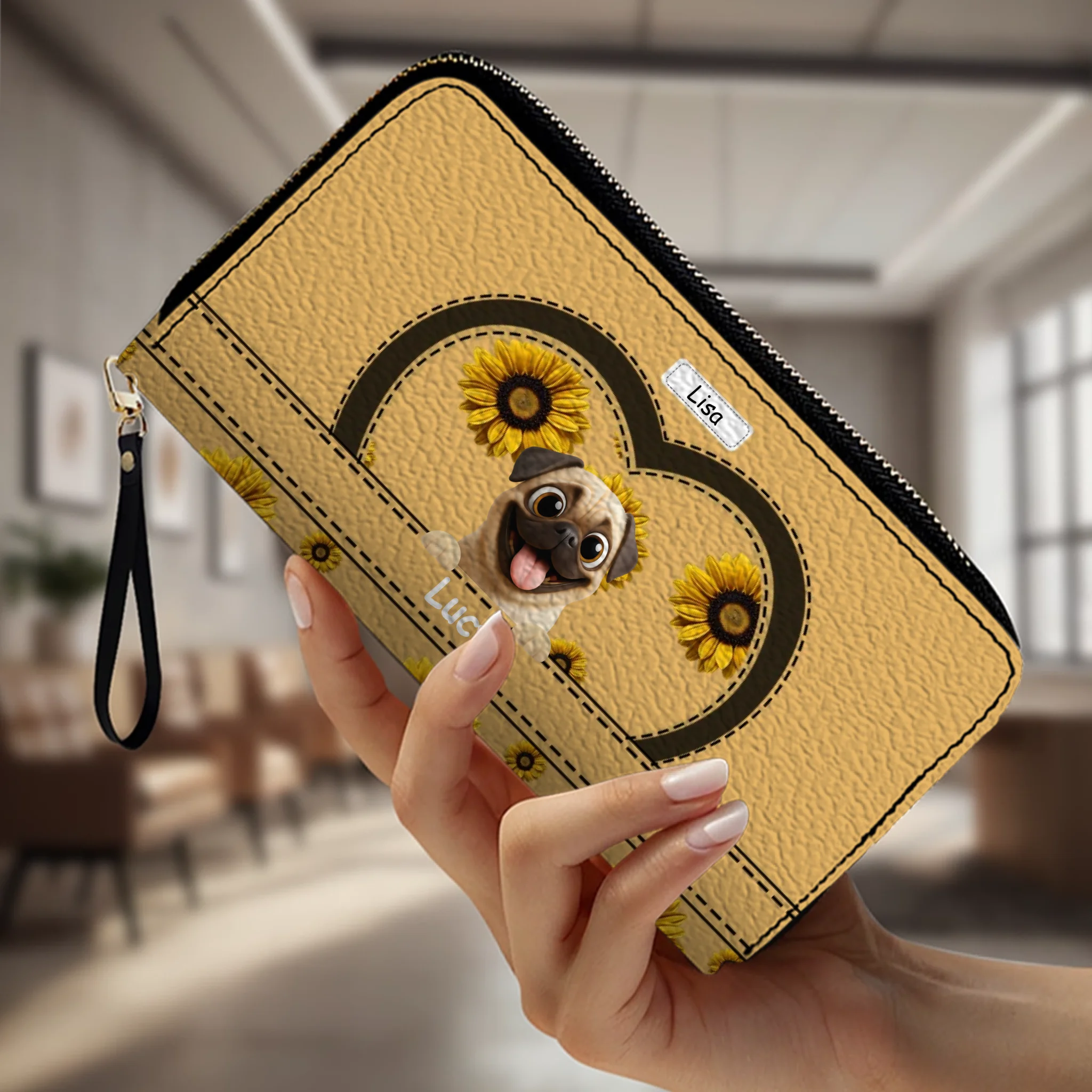 Customized Pug Leather Wallet - Personalized Gift With Dog And Sunflower Design | 89Prints