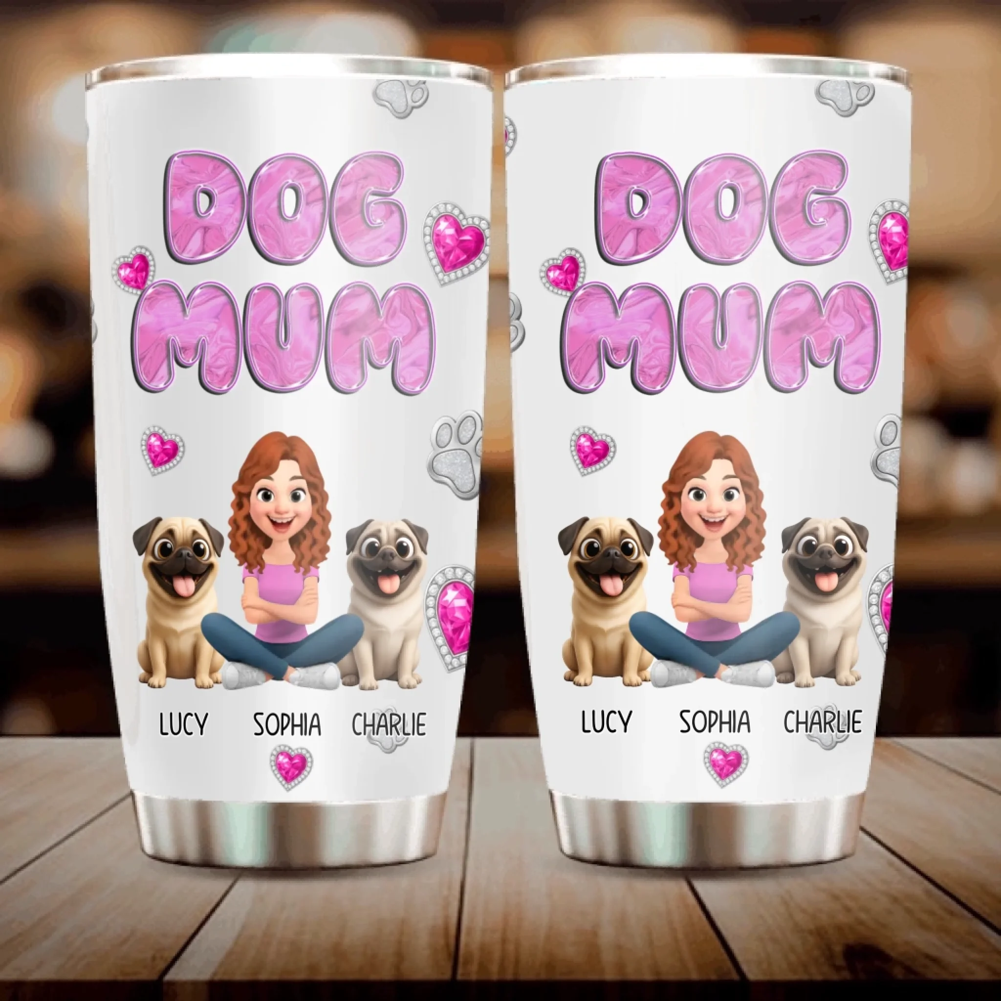 Custom Pug Lover Tumbler – Bubble Letter Design With Girl And Dog Personalized Names For Dog Owners | 89Prints