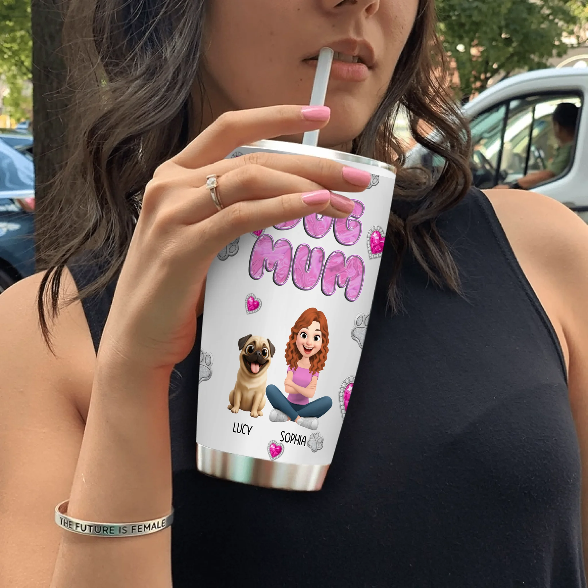 Custom Pug Lover Tumbler – Bubble Letter Design With Girl And Dog Personalized Names For Dog Owners | 89Prints