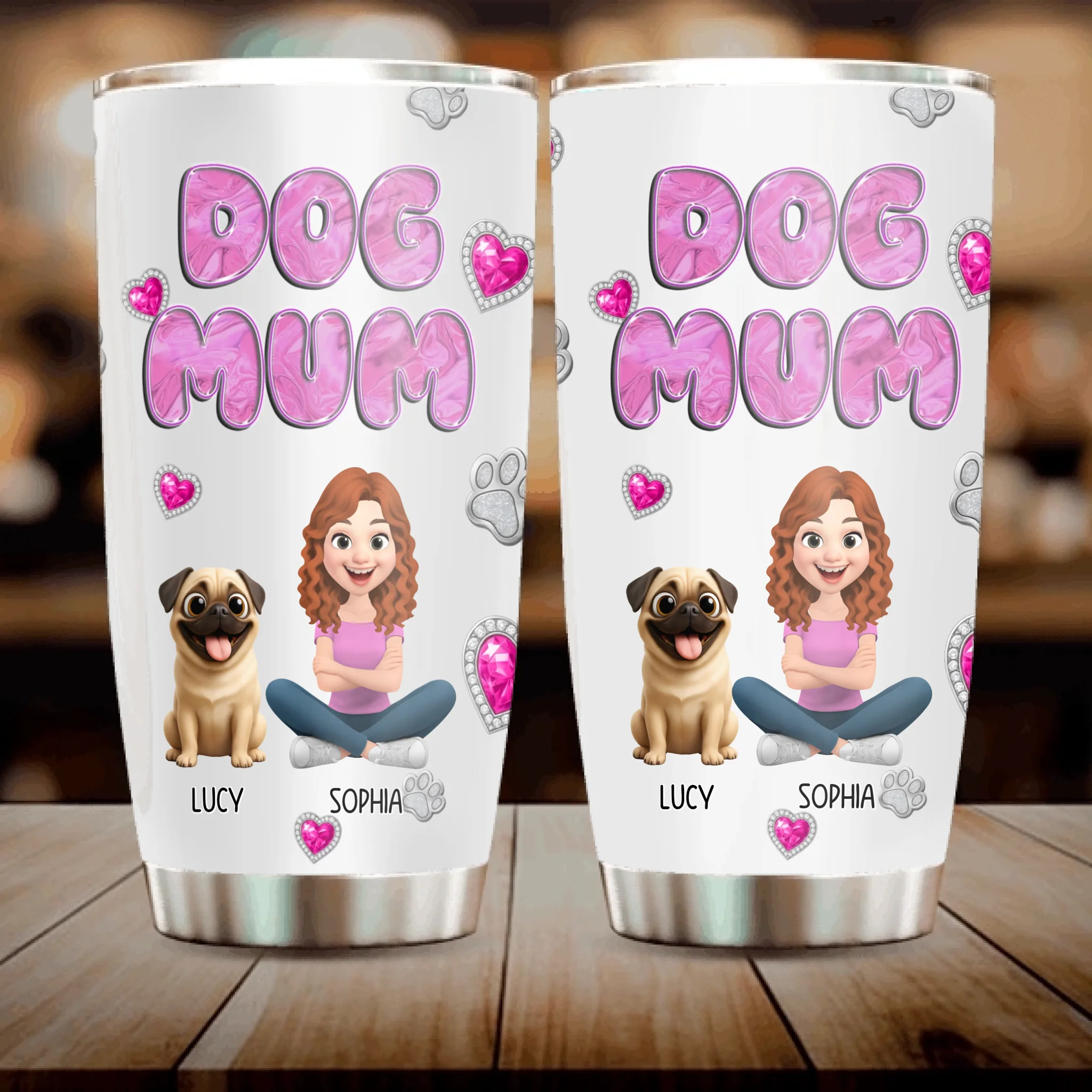 Custom Pug Lover Tumbler – Bubble Letter Design With Girl And Dog Personalized Names For Dog Owners | 89Prints