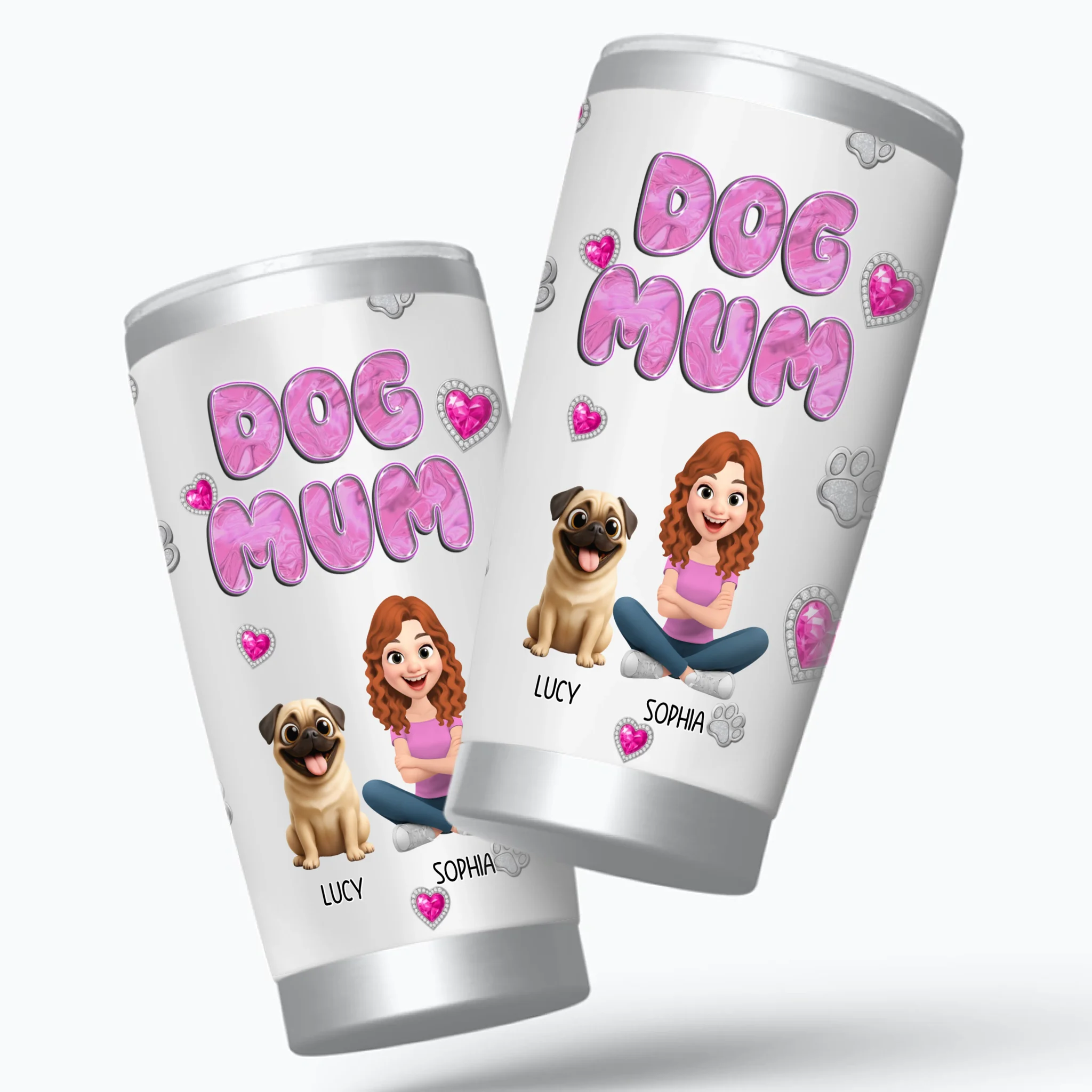 Custom Pug Lover Tumbler – Bubble Letter Design With Girl And Dog Personalized Names For Dog Owners | 89Prints