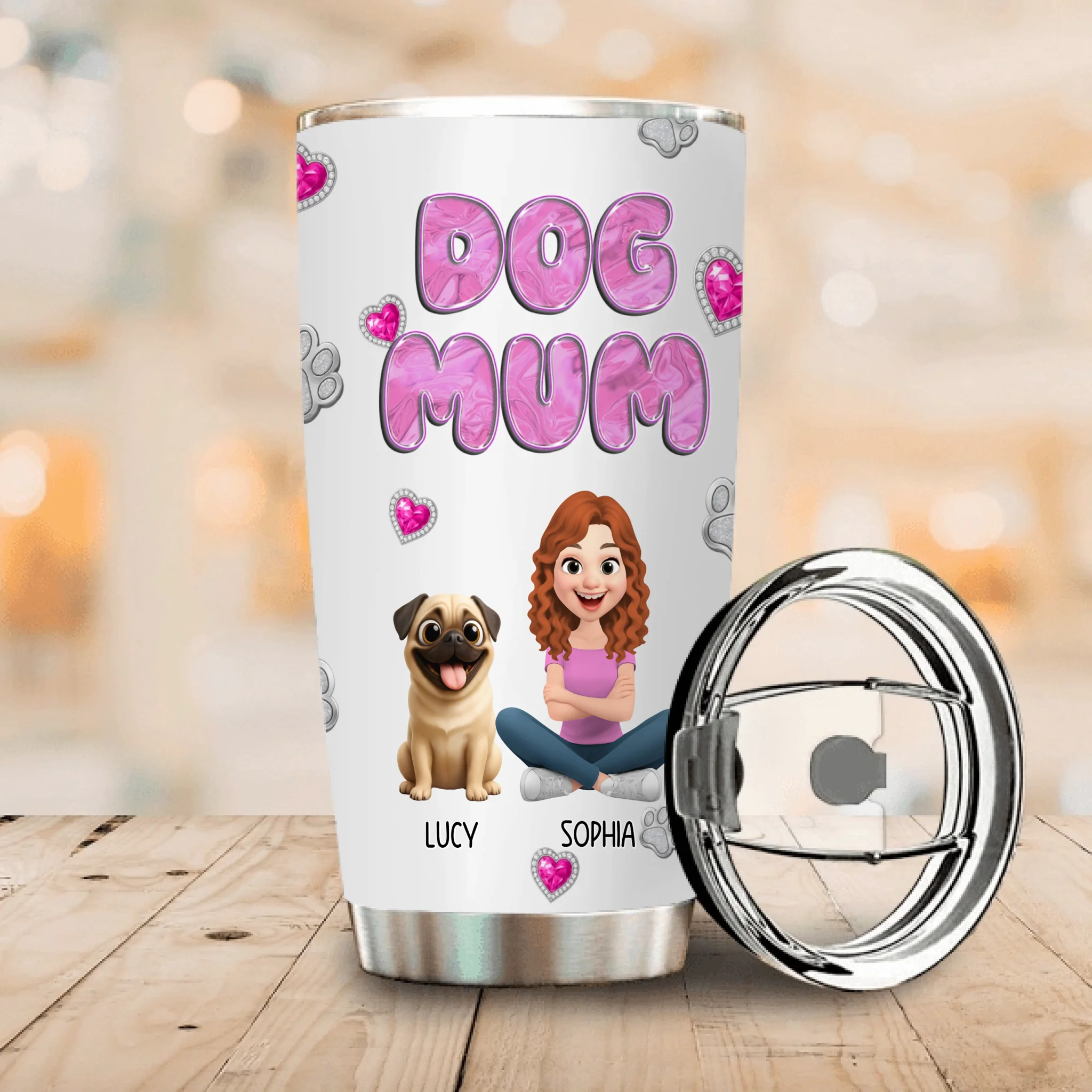 Custom Pug Lover Tumbler – Bubble Letter Design With Girl And Dog Personalized Names For Dog Owners | 89Prints