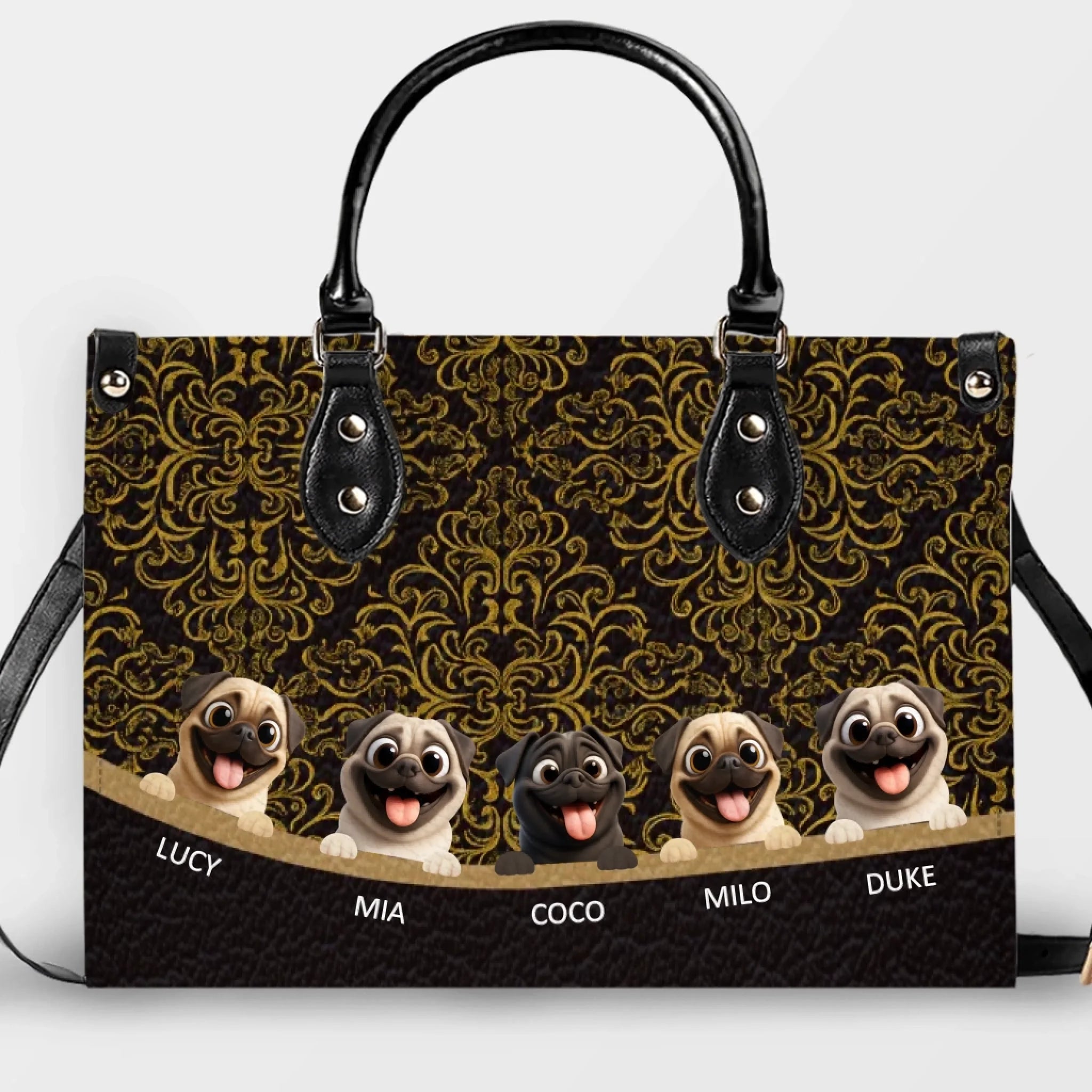 Personalized Pug Lover Leather Handbag - Luxury Baroque Pattern Gift | 89Prints