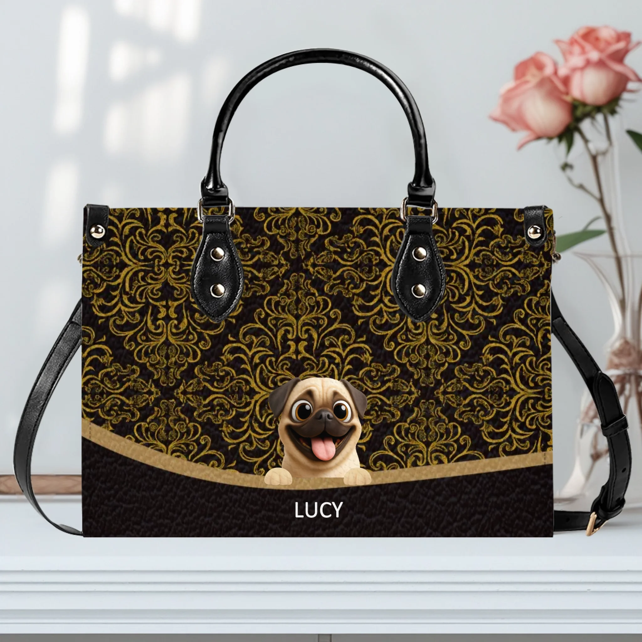 Personalized Pug Lover Leather Handbag - Luxury Baroque Pattern Gift | 89Prints