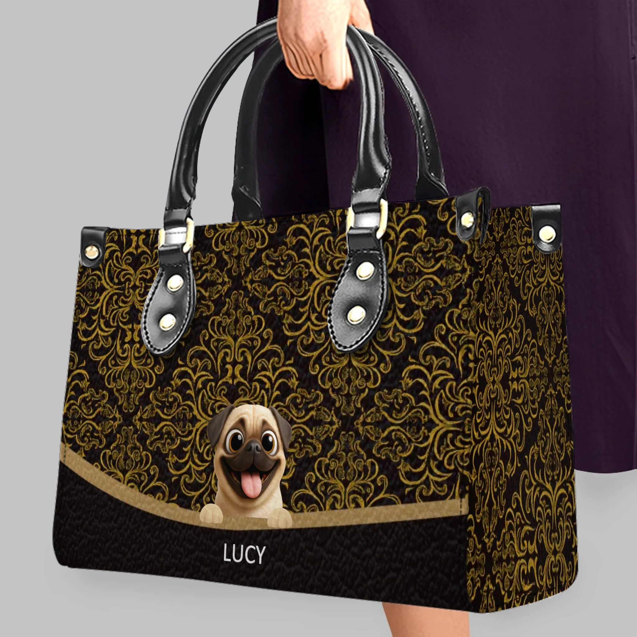 Personalized Pug Lover Leather Handbag - Luxury Baroque Pattern Gift | 89Prints