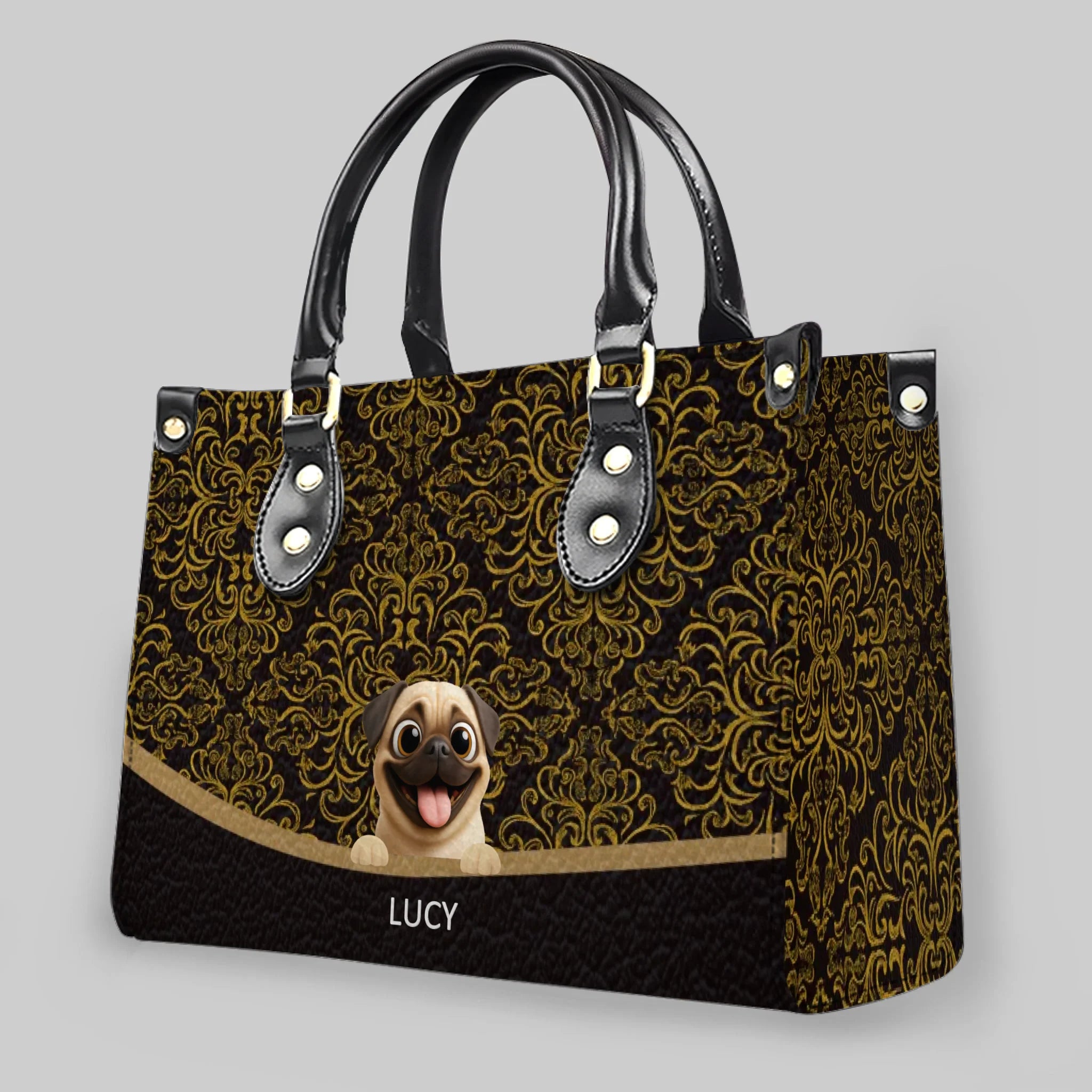 Personalized Pug Lover Leather Handbag - Luxury Baroque Pattern Gift | 89Prints