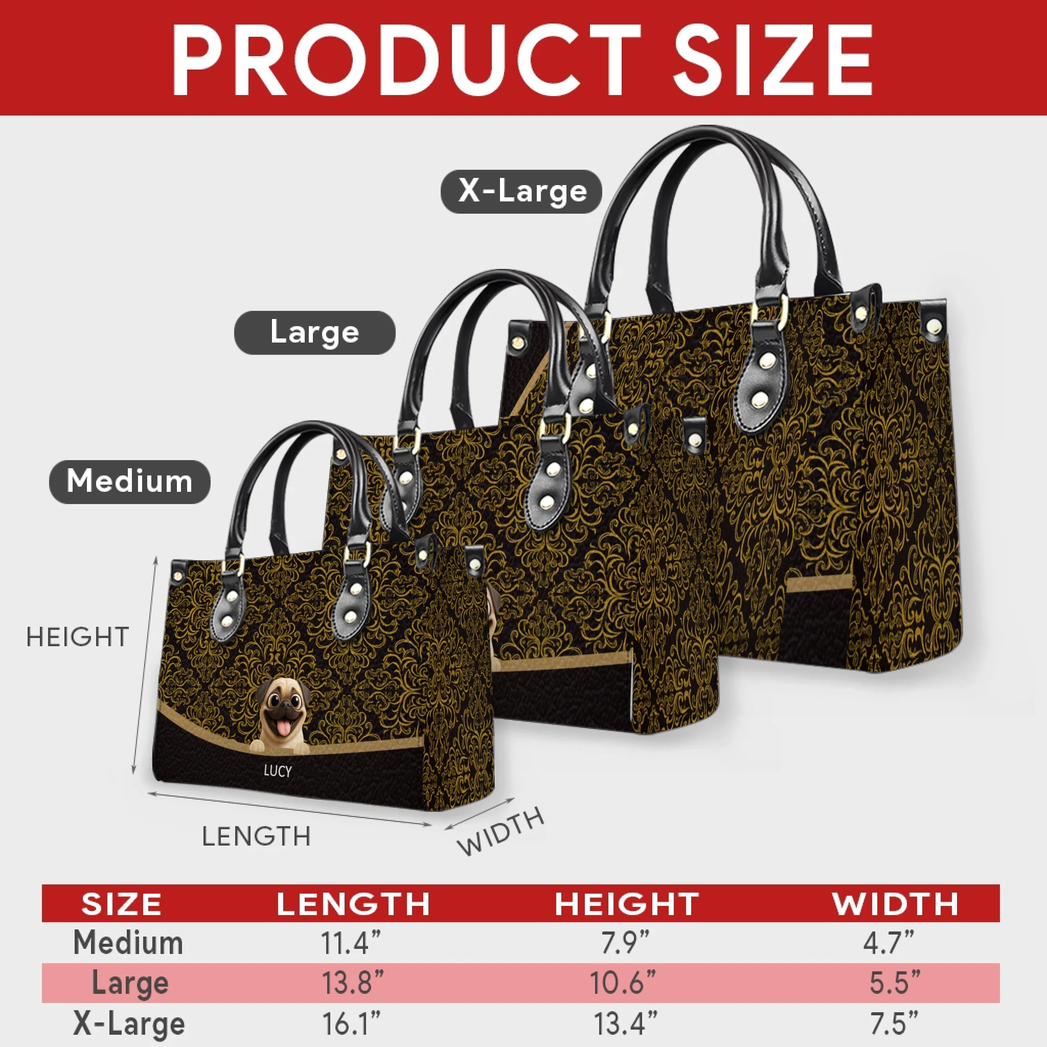 Personalized Pug Lover Leather Handbag - Luxury Baroque Pattern Gift | 89Prints