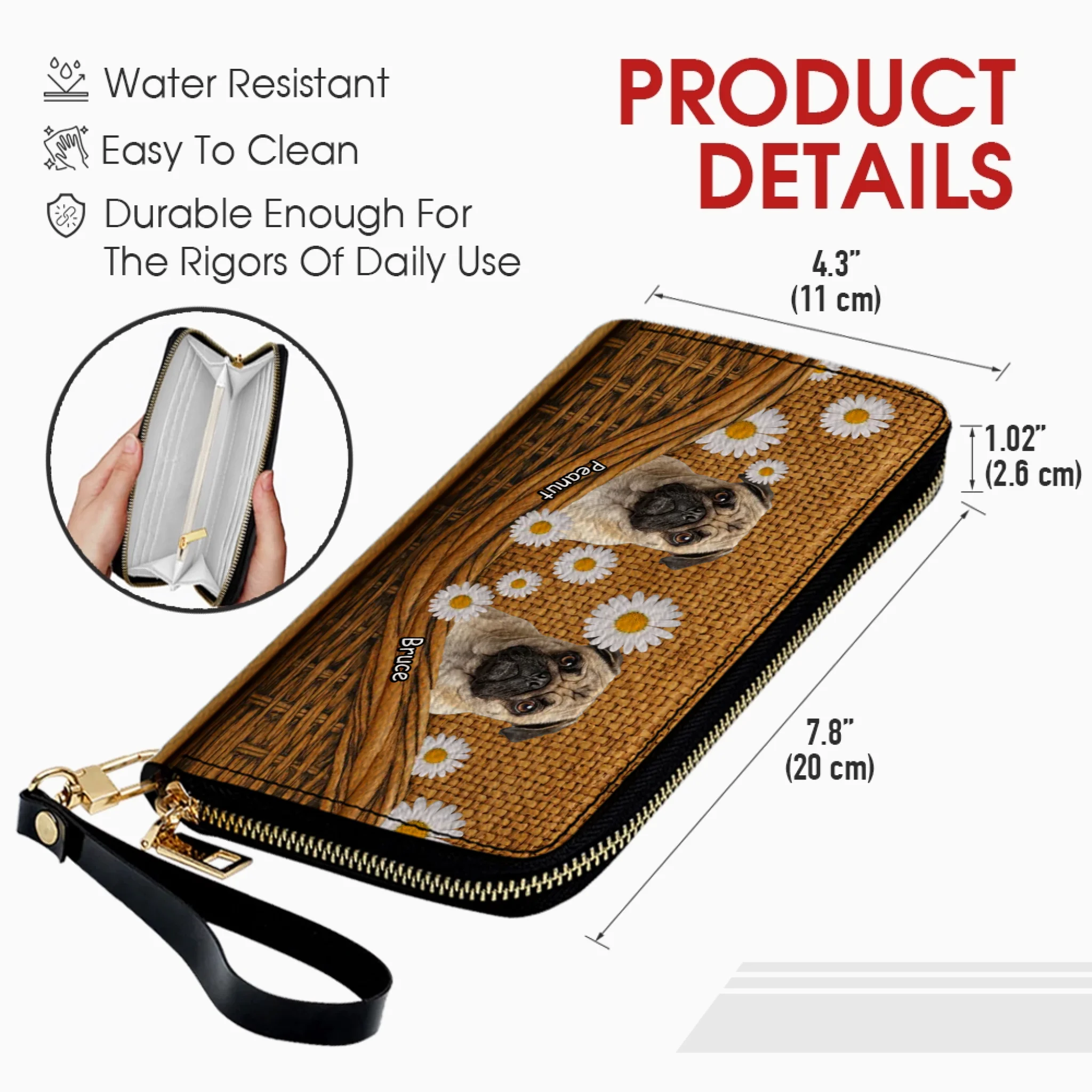 Custom Pug Lover Leather Wallet - Personalized Dog Portrait Zip-Around Purse | 89Prints