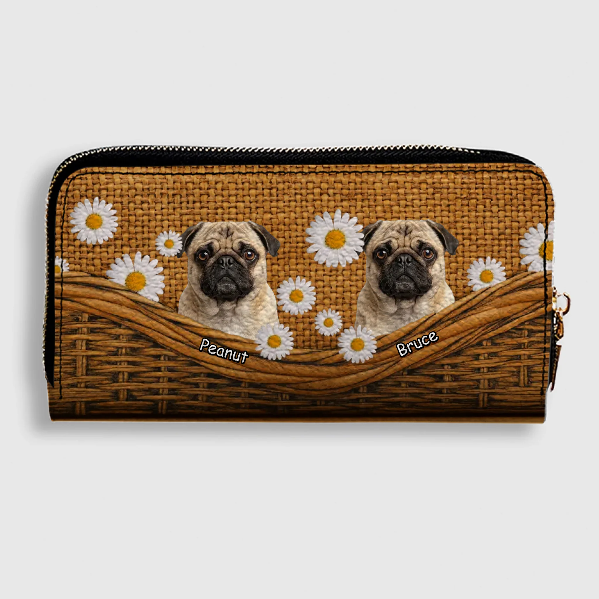 Custom Pug Lover Leather Wallet - Personalized Dog Portrait Zip-Around Purse | 89Prints