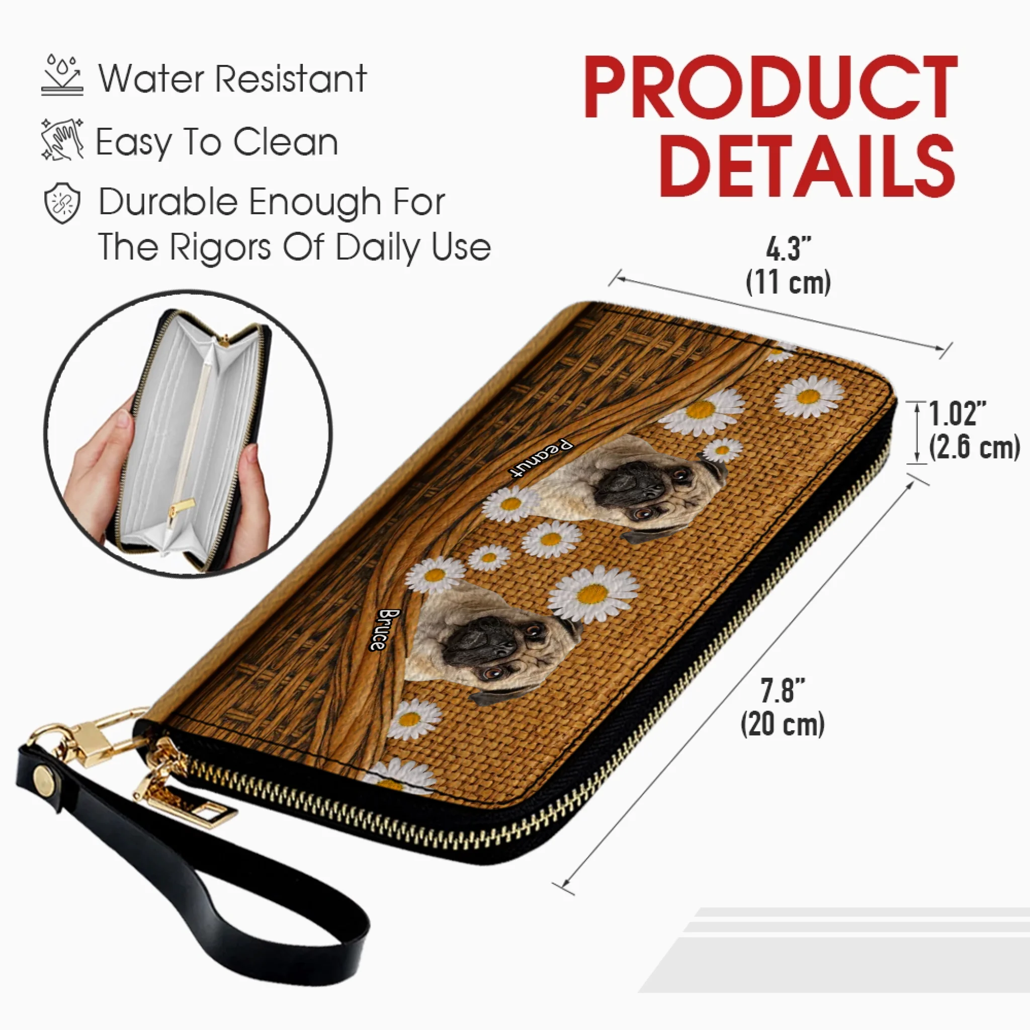 Custom Pug Lover Leather Wallet - Personalized Dog Portrait Zip-Around Purse | 89Prints