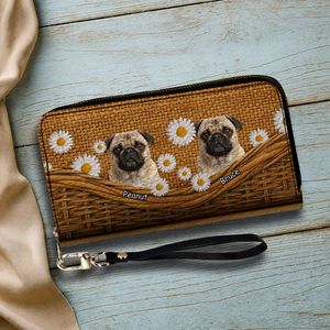 Custom Pug Lover Leather Wallet - Personalized Dog Portrait Zip-Around Purse | 89Prints