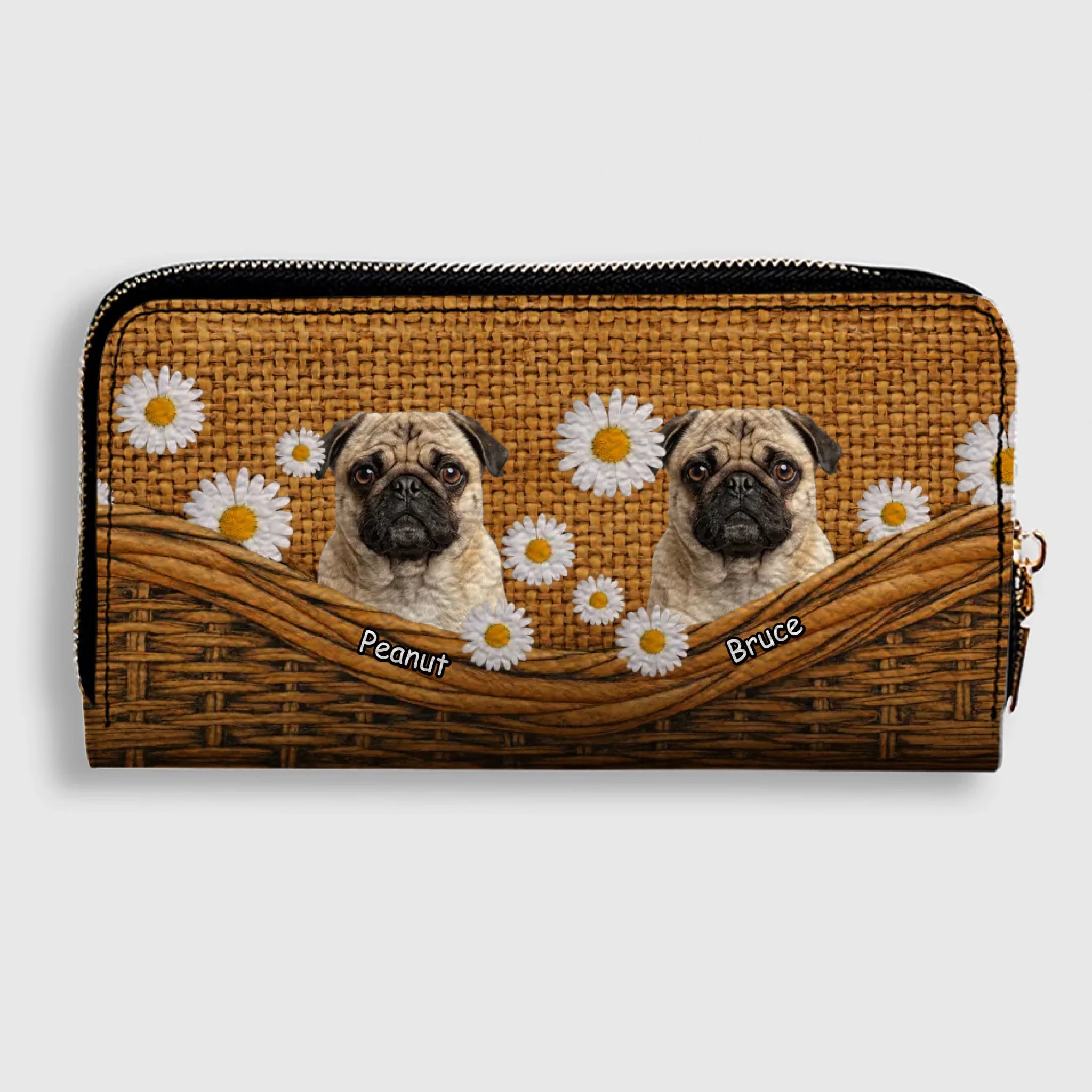 Custom Pug Lover Leather Wallet - Personalized Dog Portrait Zip-Around Purse | 89Prints