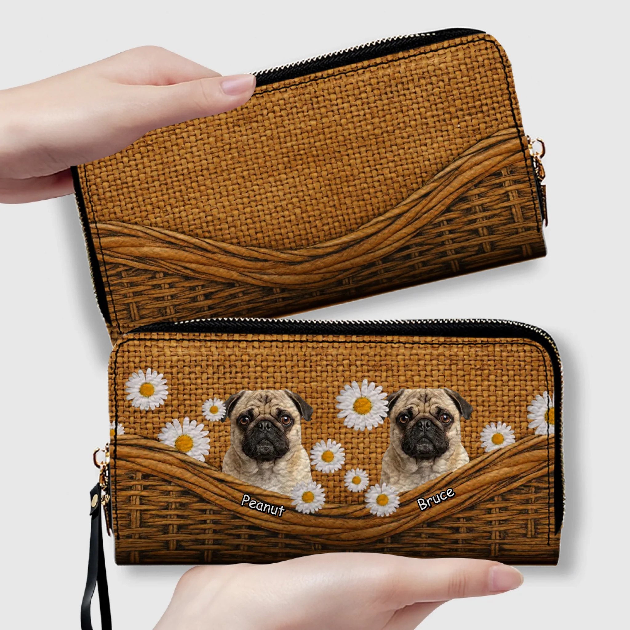 Custom Pug Lover Leather Wallet - Personalized Dog Portrait Zip-Around Purse | 89Prints