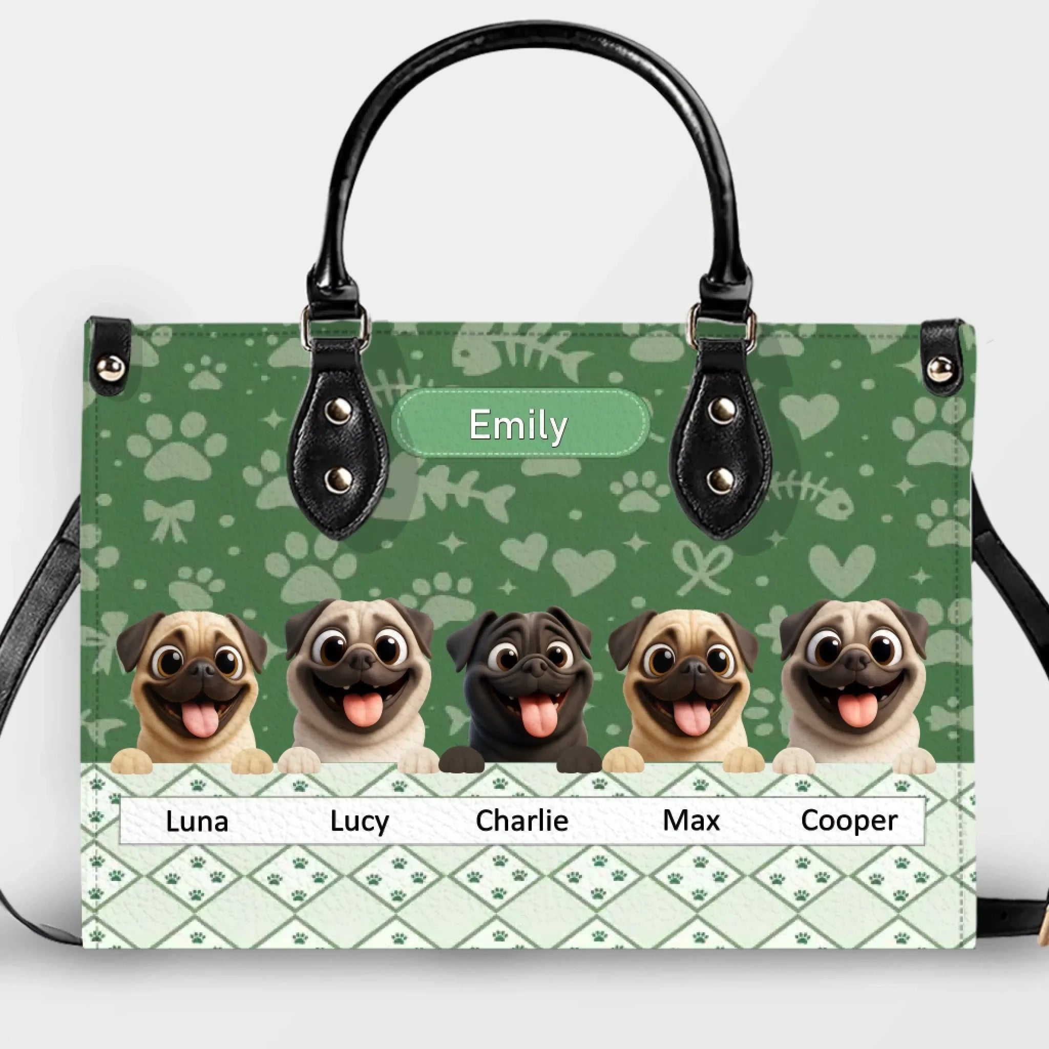 Custom Pug Leather Handbag - Playful Dogs Peeking Over Edge Gift| 89Prints