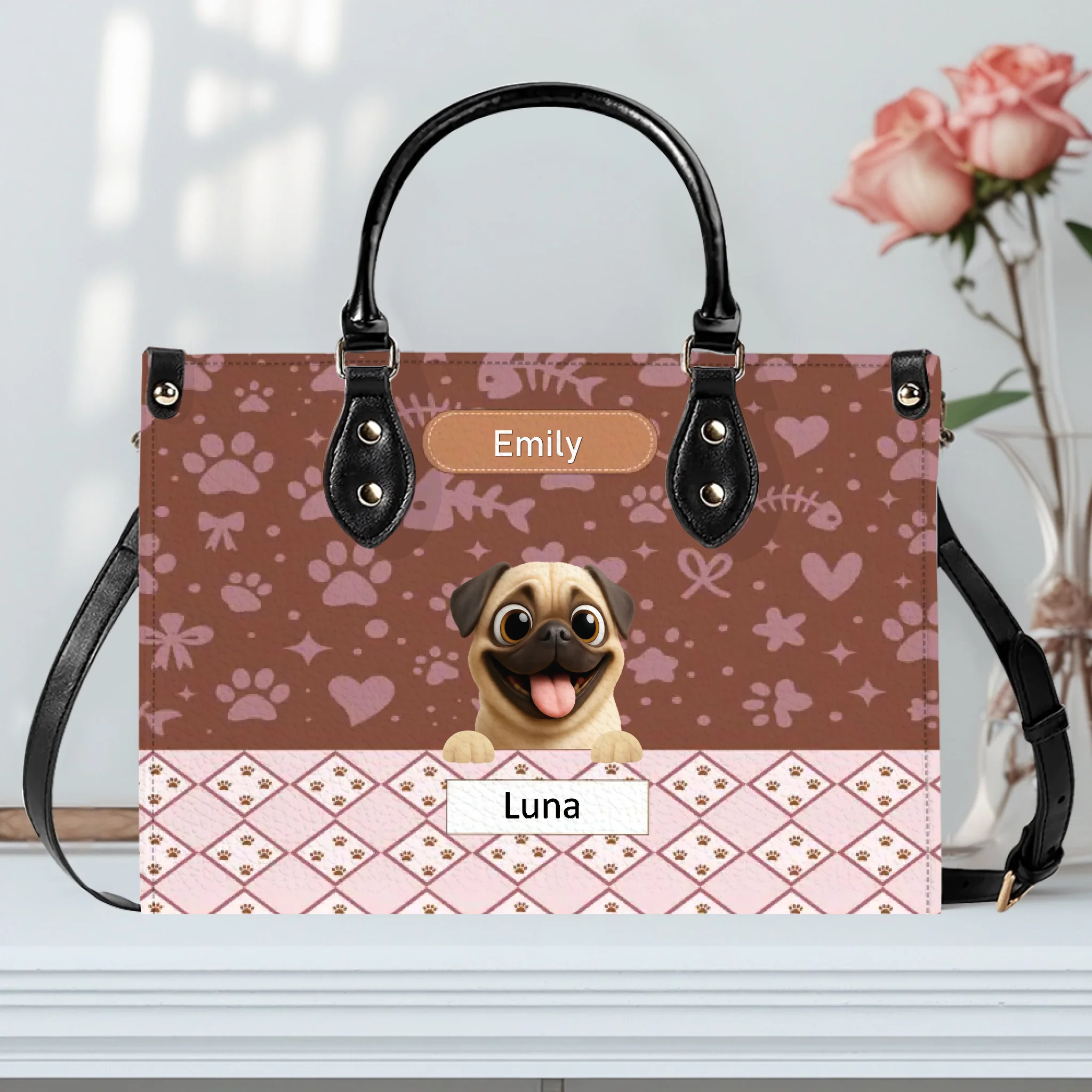 Custom Pug Leather Handbag - Playful Dogs Peeking Over Edge Gift| 89Prints