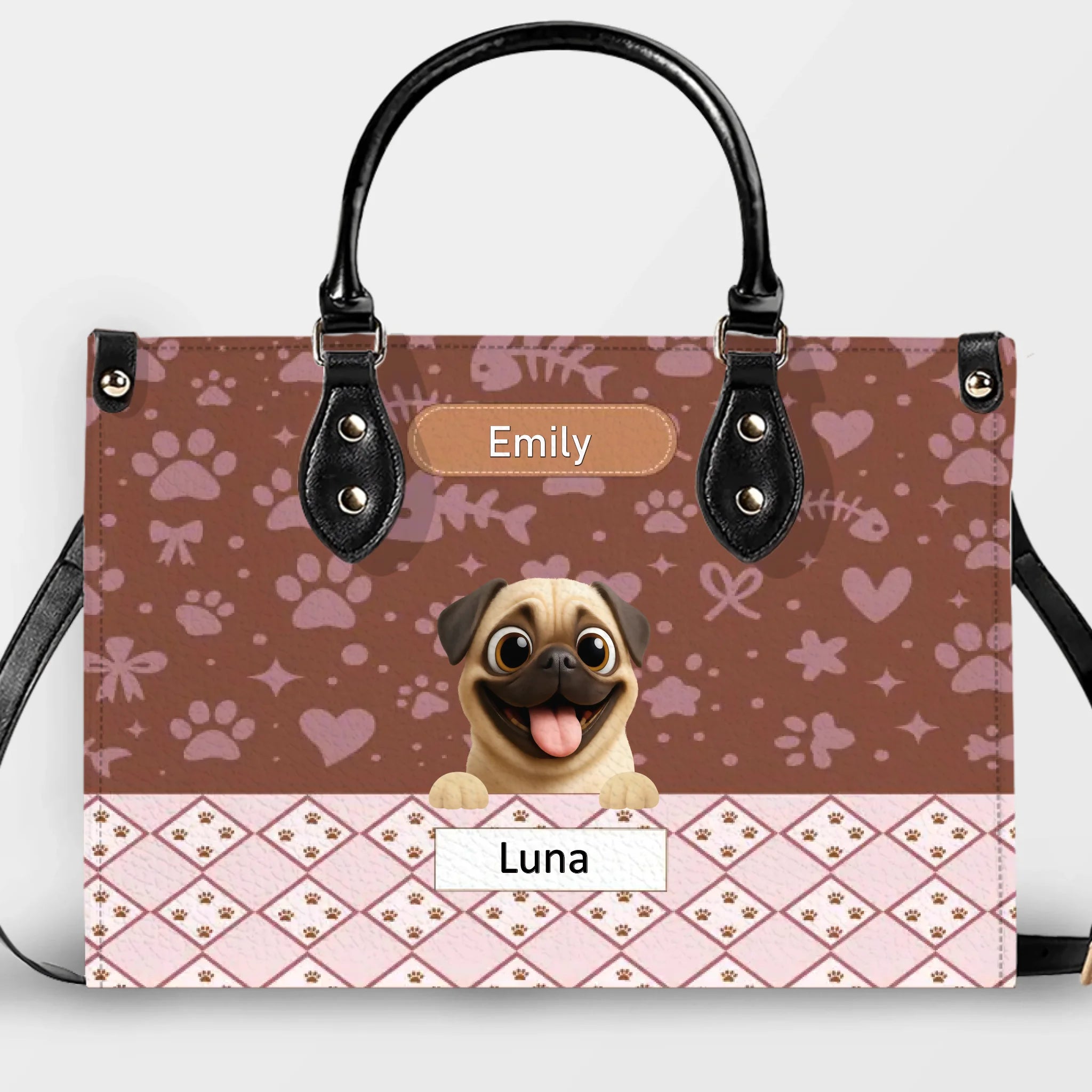 Custom Pug Leather Handbag - Playful Dogs Peeking Over Edge Gift| 89Prints