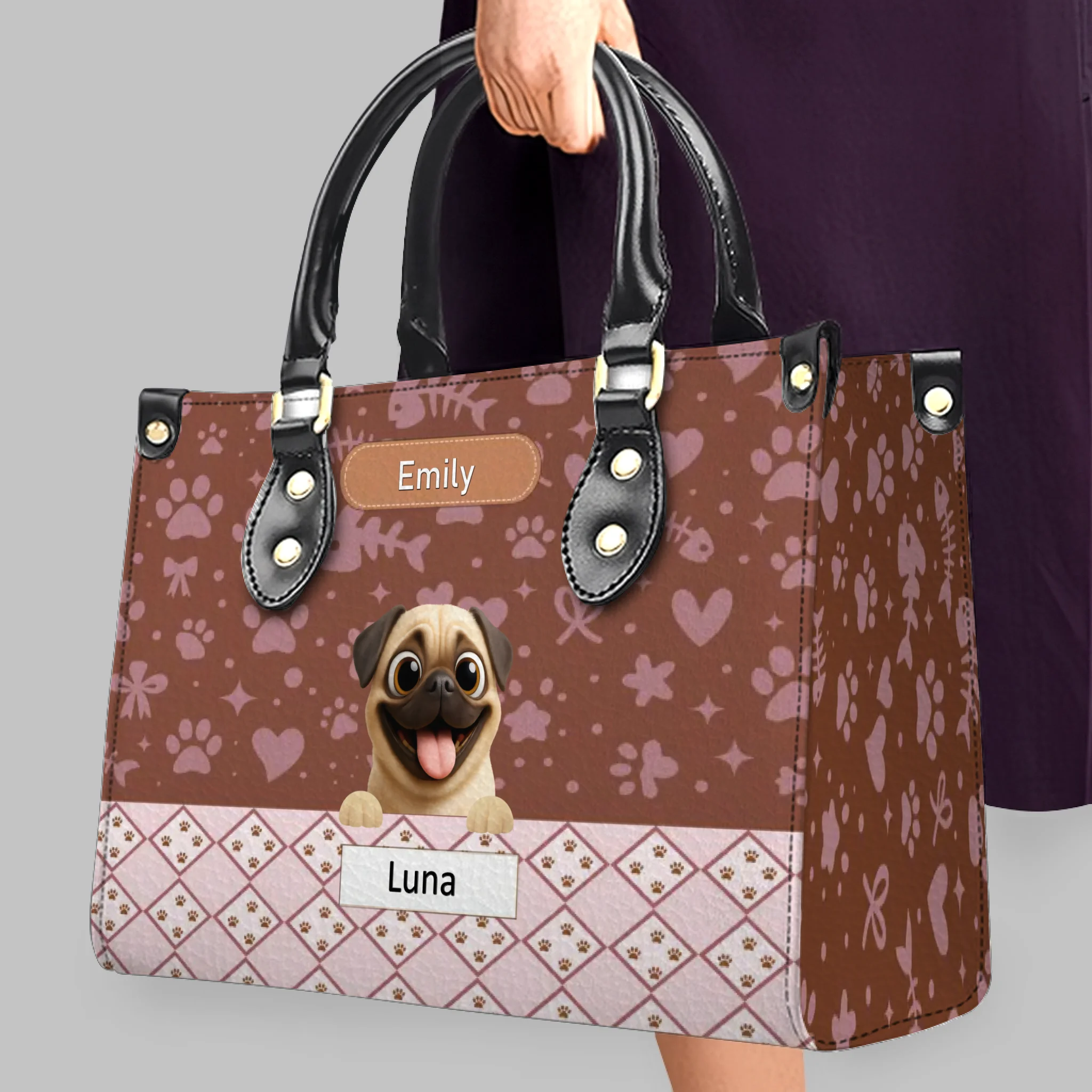 Custom Pug Leather Handbag - Playful Dogs Peeking Over Edge Gift| 89Prints