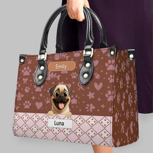Custom Pug Leather Handbag - Playful Dogs Peeking Over Edge Gift| 89Prints