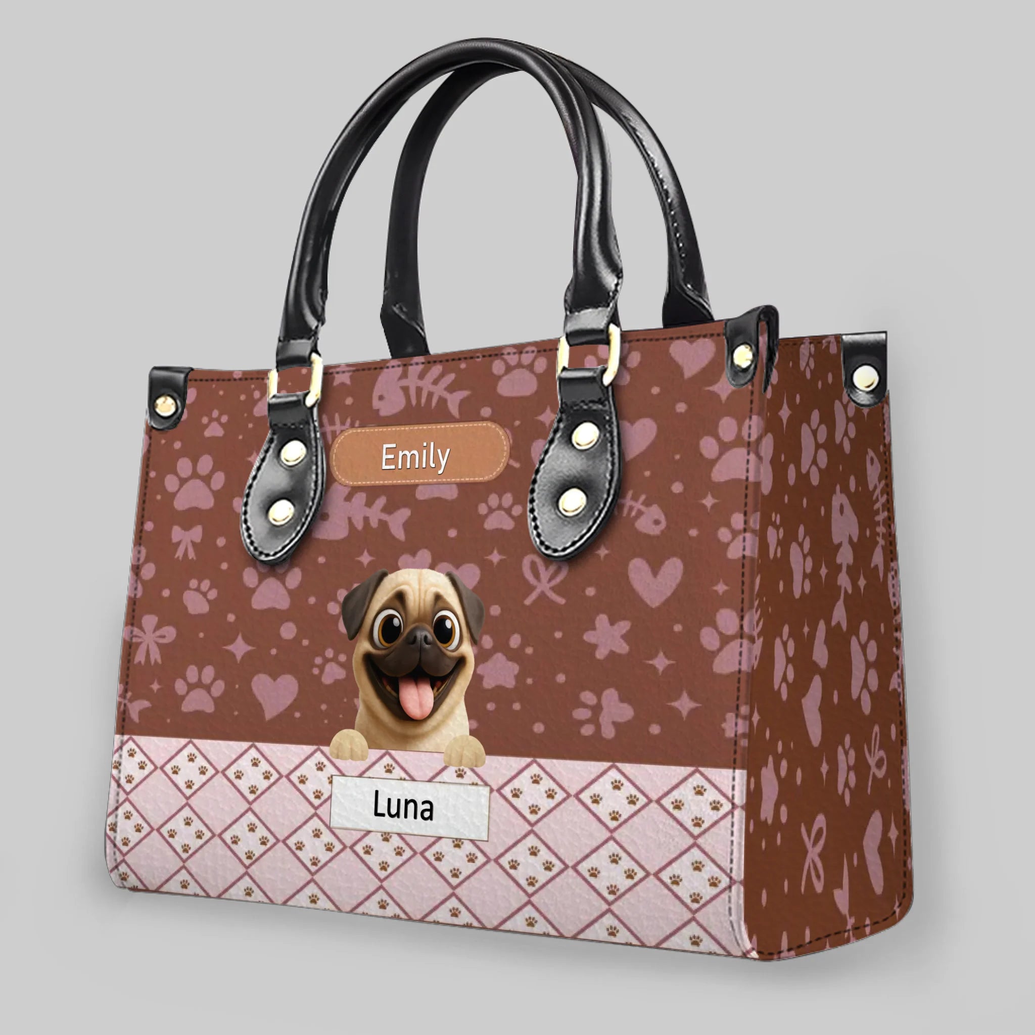 Custom Pug Leather Handbag - Playful Dogs Peeking Over Edge Gift| 89Prints