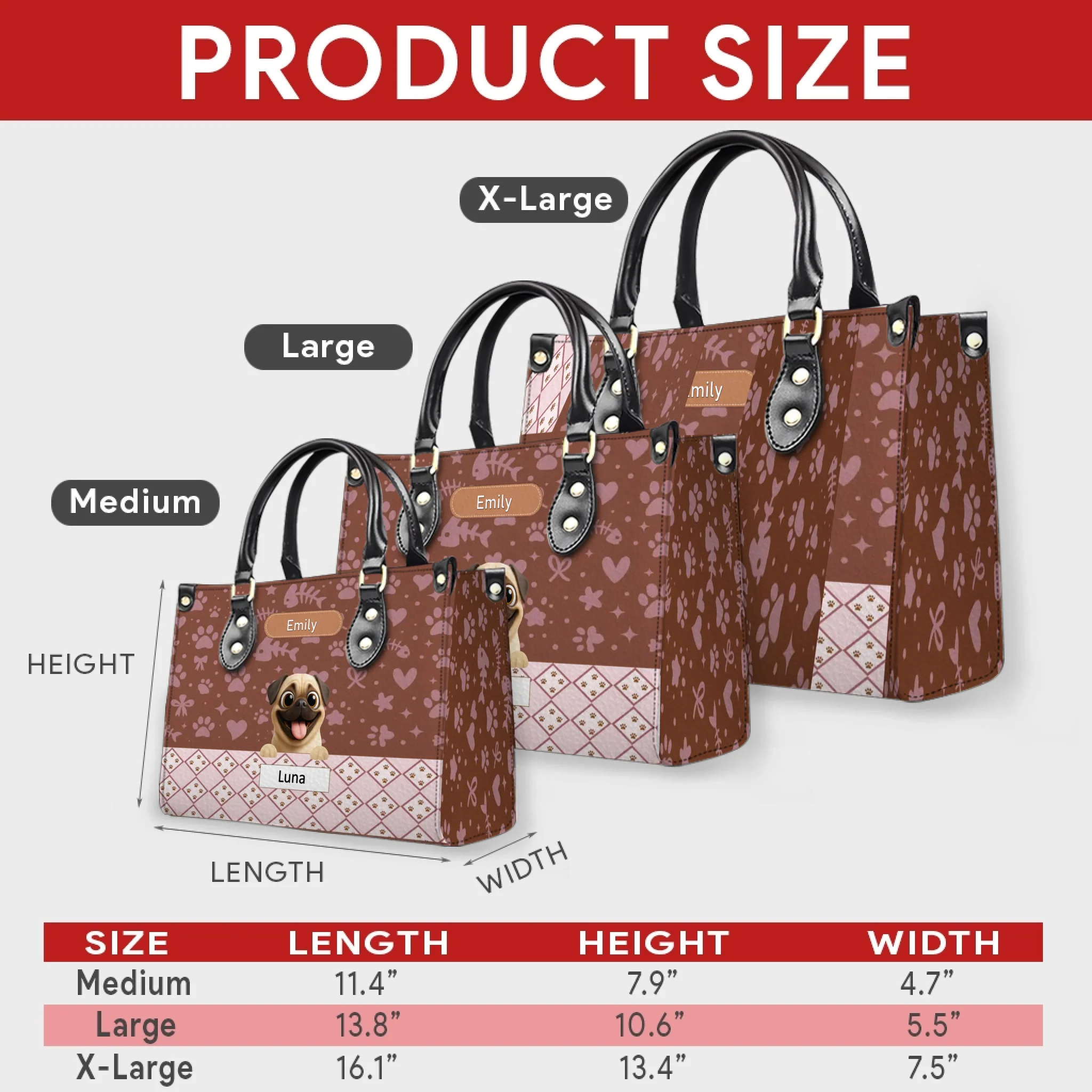 Custom Pug Leather Handbag - Playful Dogs Peeking Over Edge Gift| 89Prints