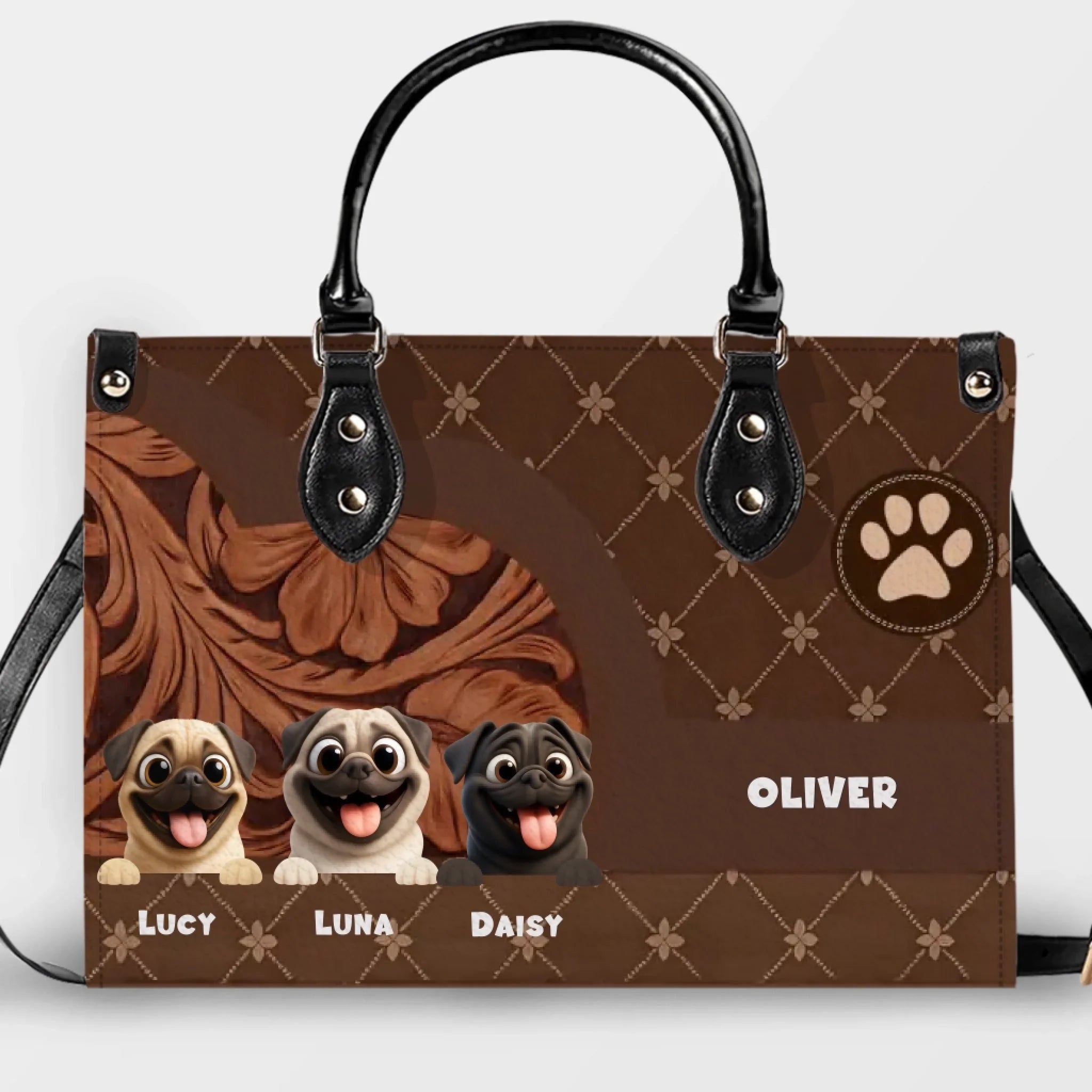 Personalized Pug Lover Handbag - Quilted Floral Carved Leather Dog Gift| 89Prints