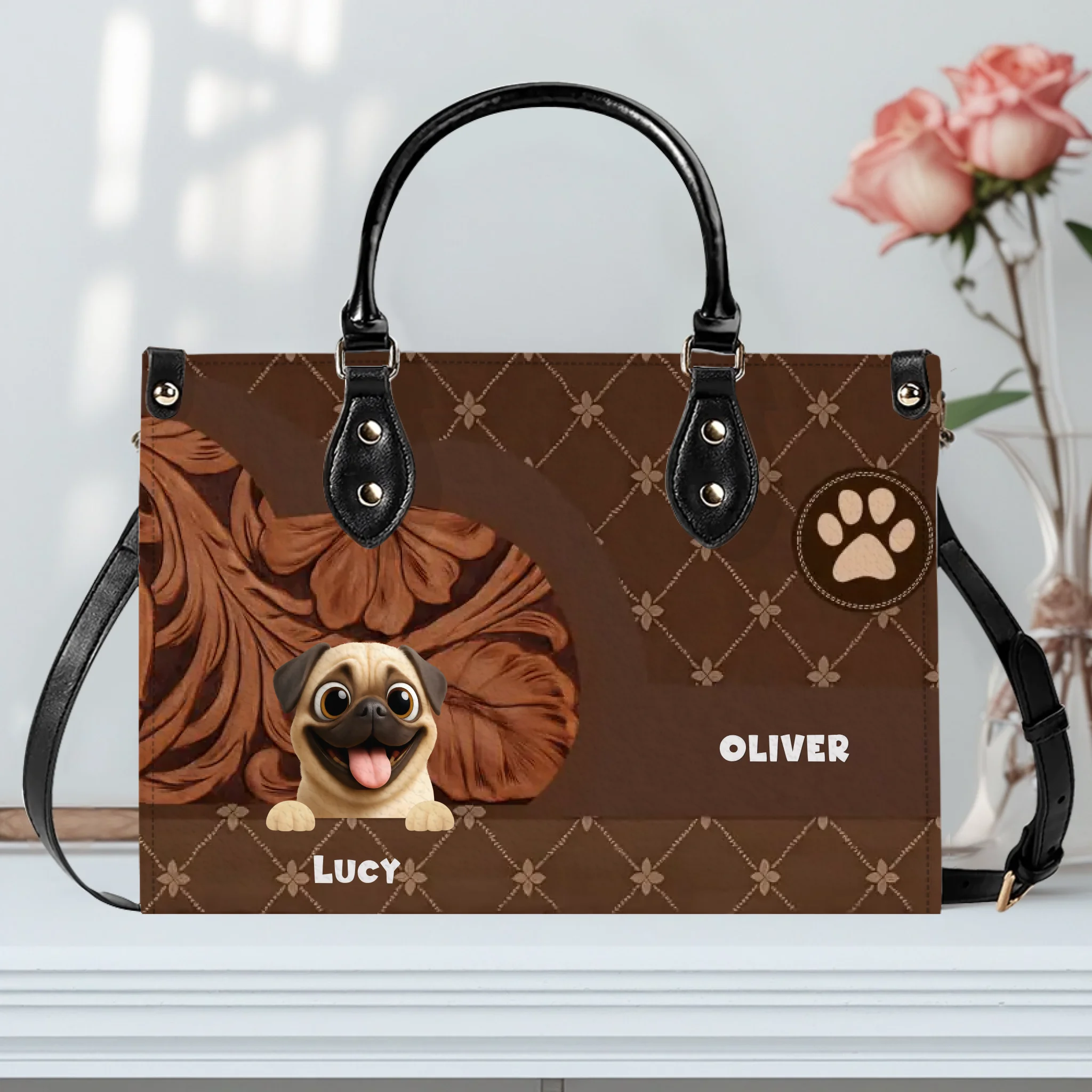 Personalized Pug Lover Handbag - Quilted Floral Carved Leather Dog Gift| 89Prints
