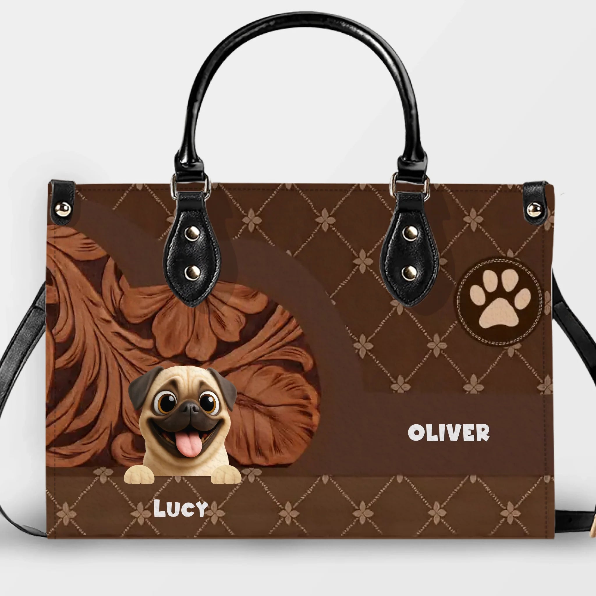 Personalized Pug Lover Handbag - Quilted Floral Carved Leather Dog Gift| 89Prints