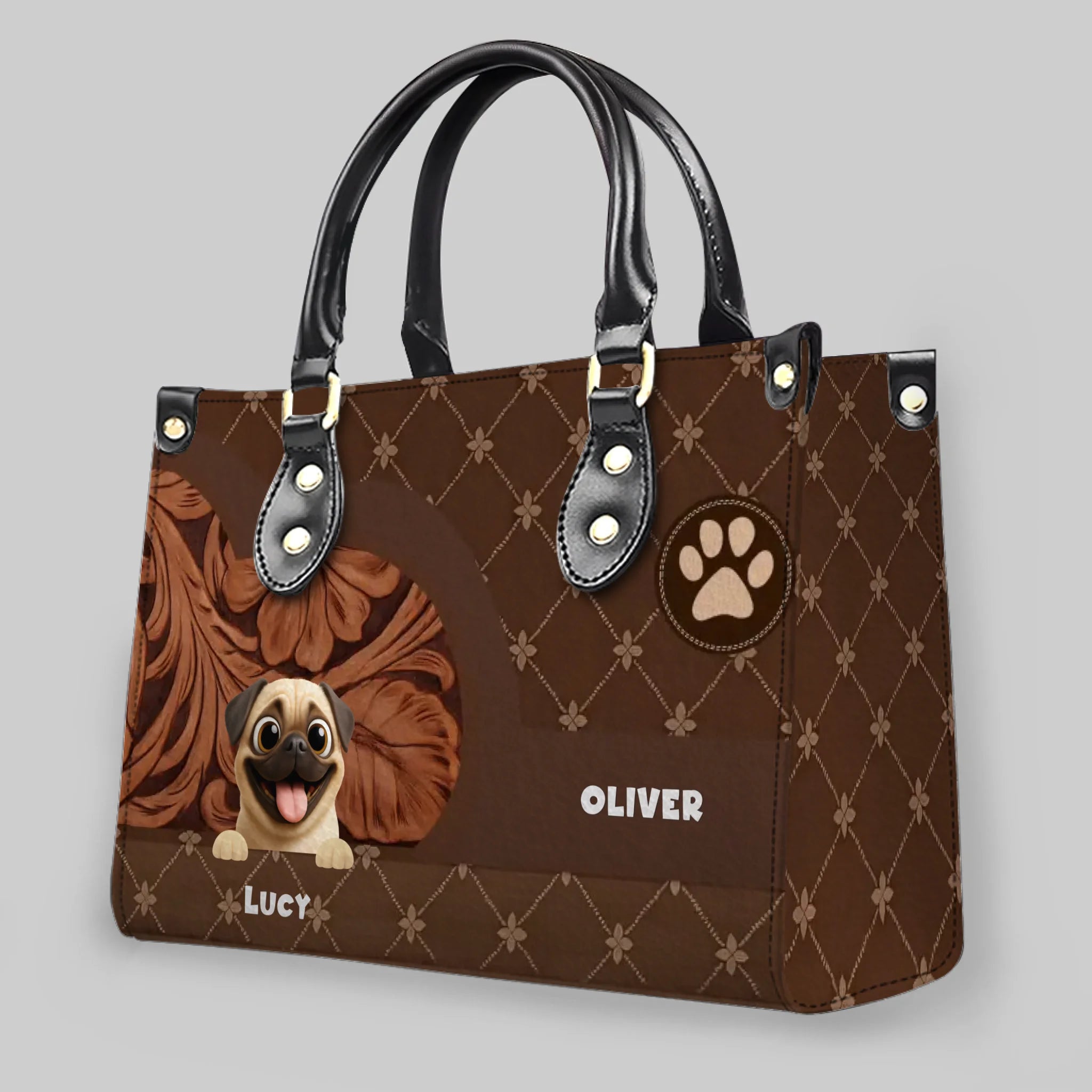 Personalized Pug Lover Handbag - Quilted Floral Carved Leather Dog Gift| 89Prints