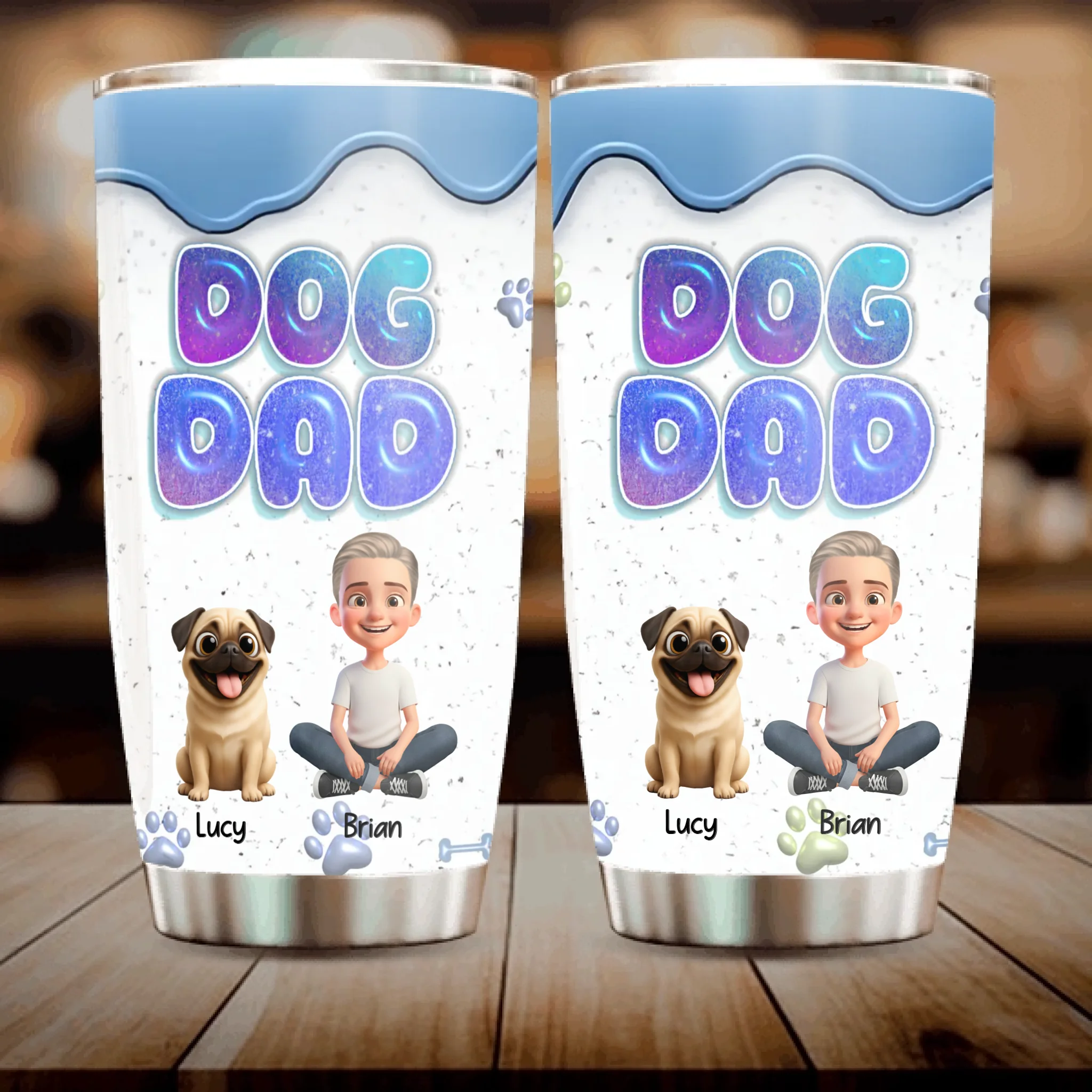 Custom Pug Dad Tumbler – Cute Man Sitting With His Dogs Personalized Name Cup | 89Prints