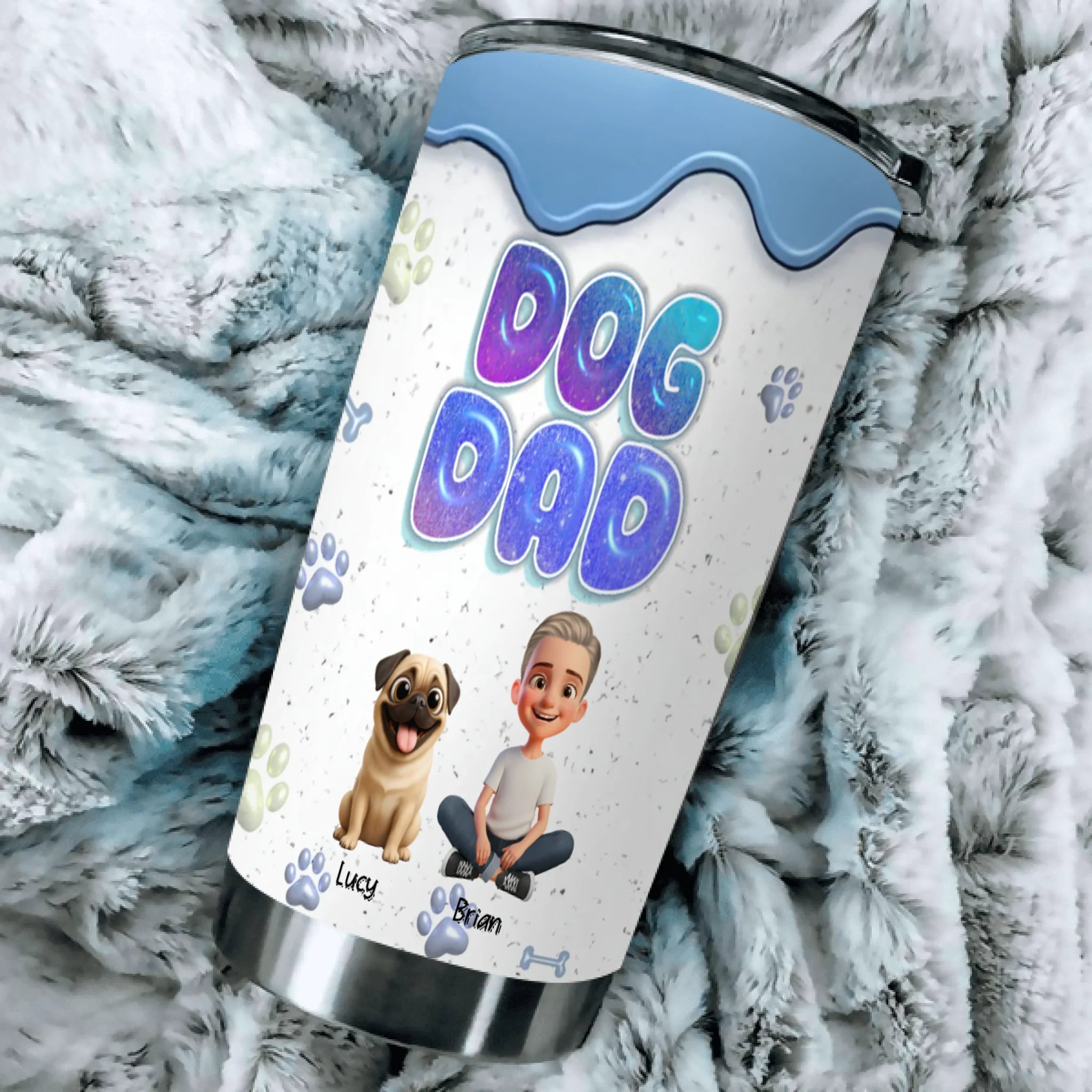 Custom Pug Dad Tumbler – Cute Man Sitting With His Dogs Personalized Name Cup | 89Prints