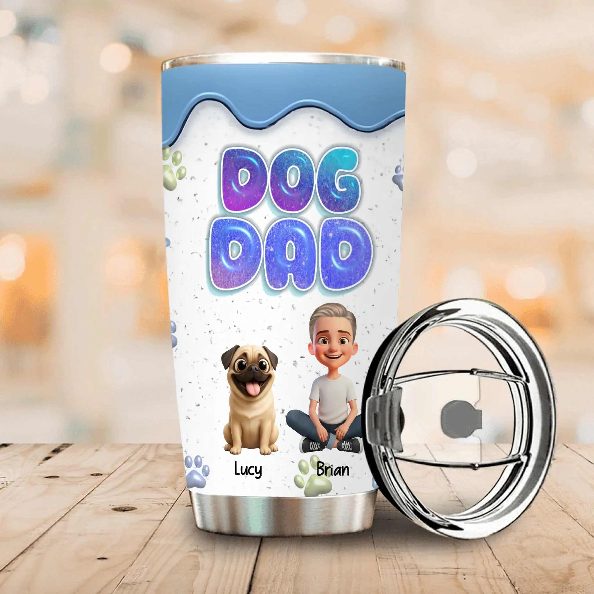 Custom Pug Dad Tumbler – Cute Man Sitting With His Dogs Personalized Name Cup | 89Prints