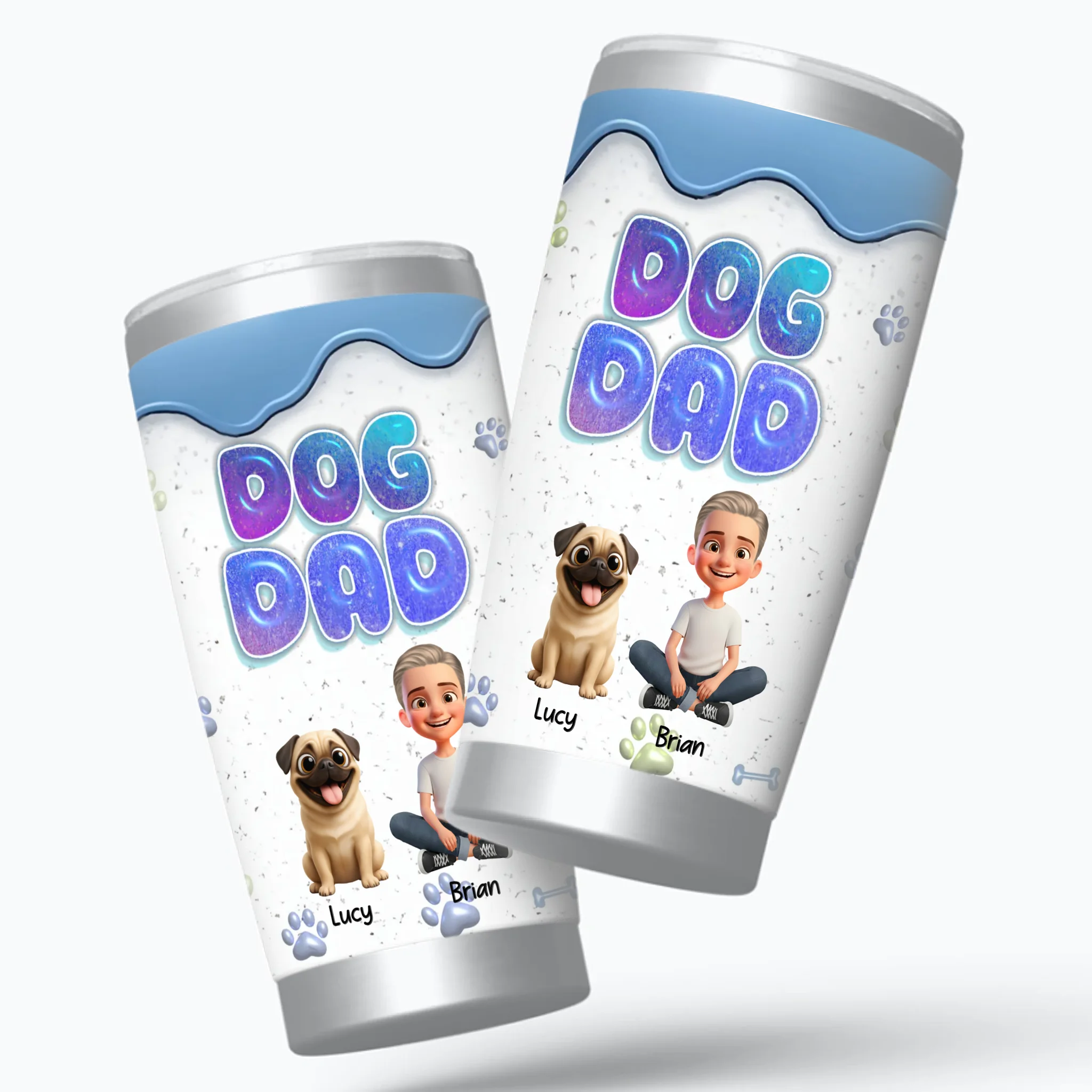 Custom Pug Dad Tumbler – Cute Man Sitting With His Dogs Personalized Name Cup | 89Prints