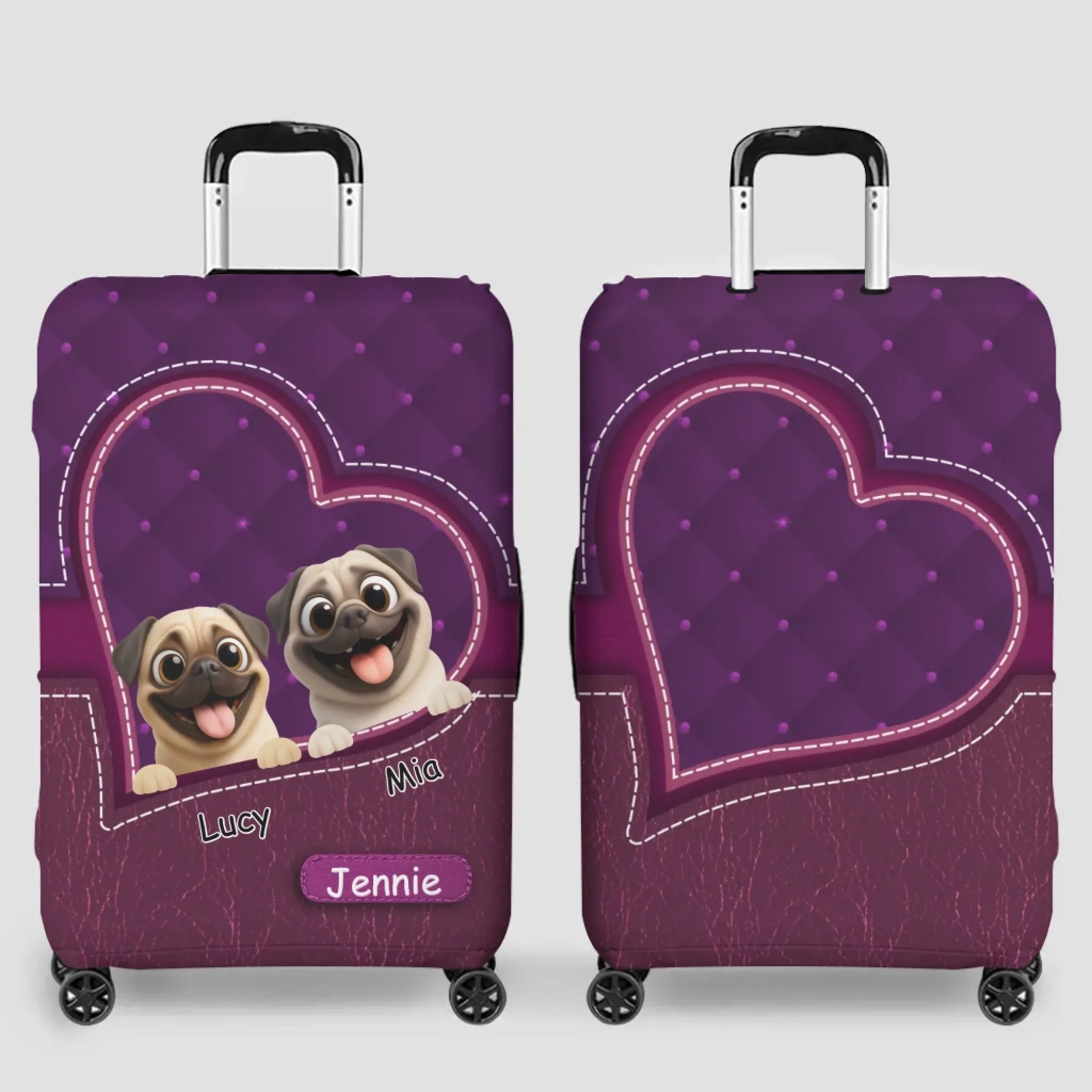 Customized Pug Lover Luggage Cover - Heart Pocket Travel Gift For Dog Lovers | 89Prints