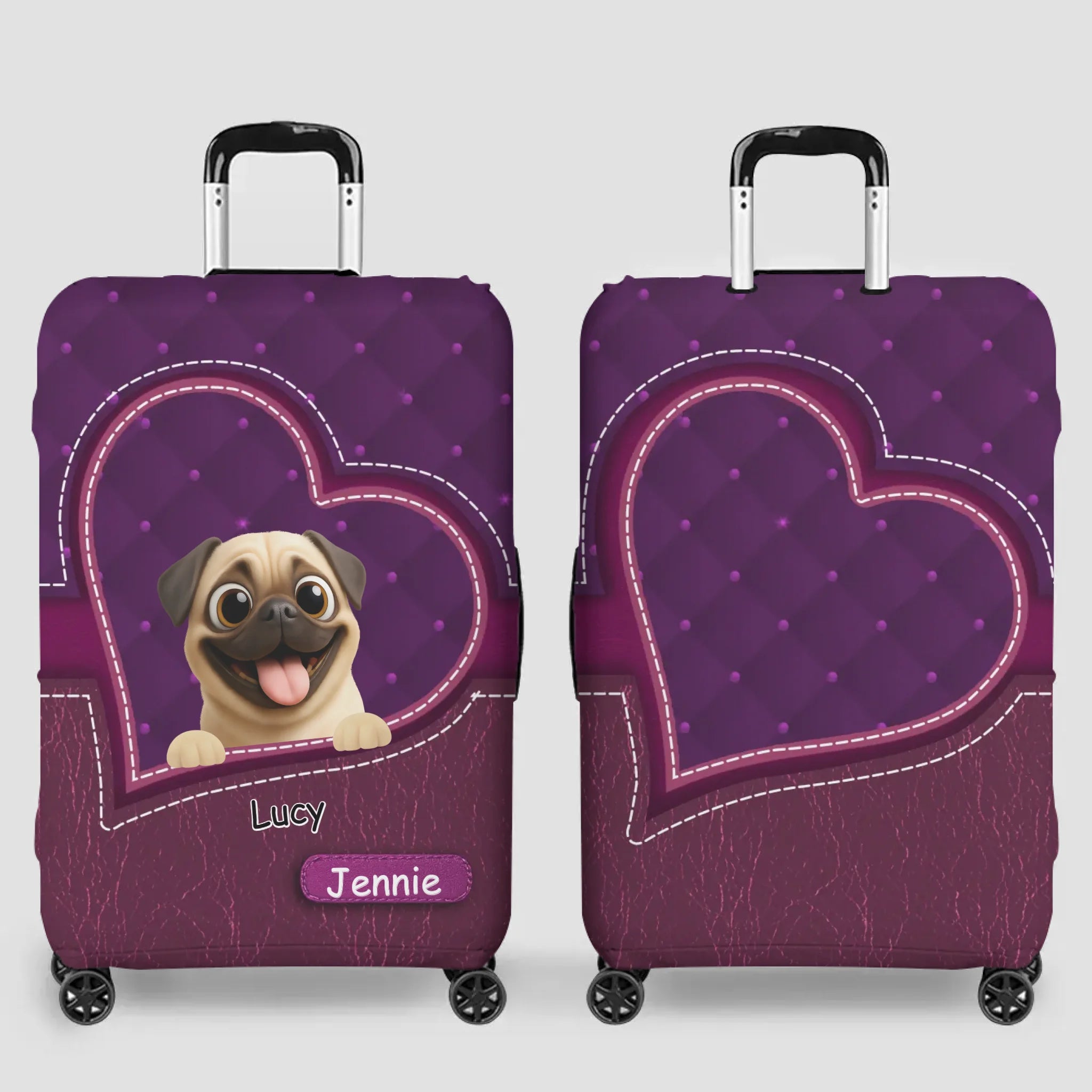 Customized Pug Lover Luggage Cover - Heart Pocket Travel Gift For Dog Lovers | 89Prints