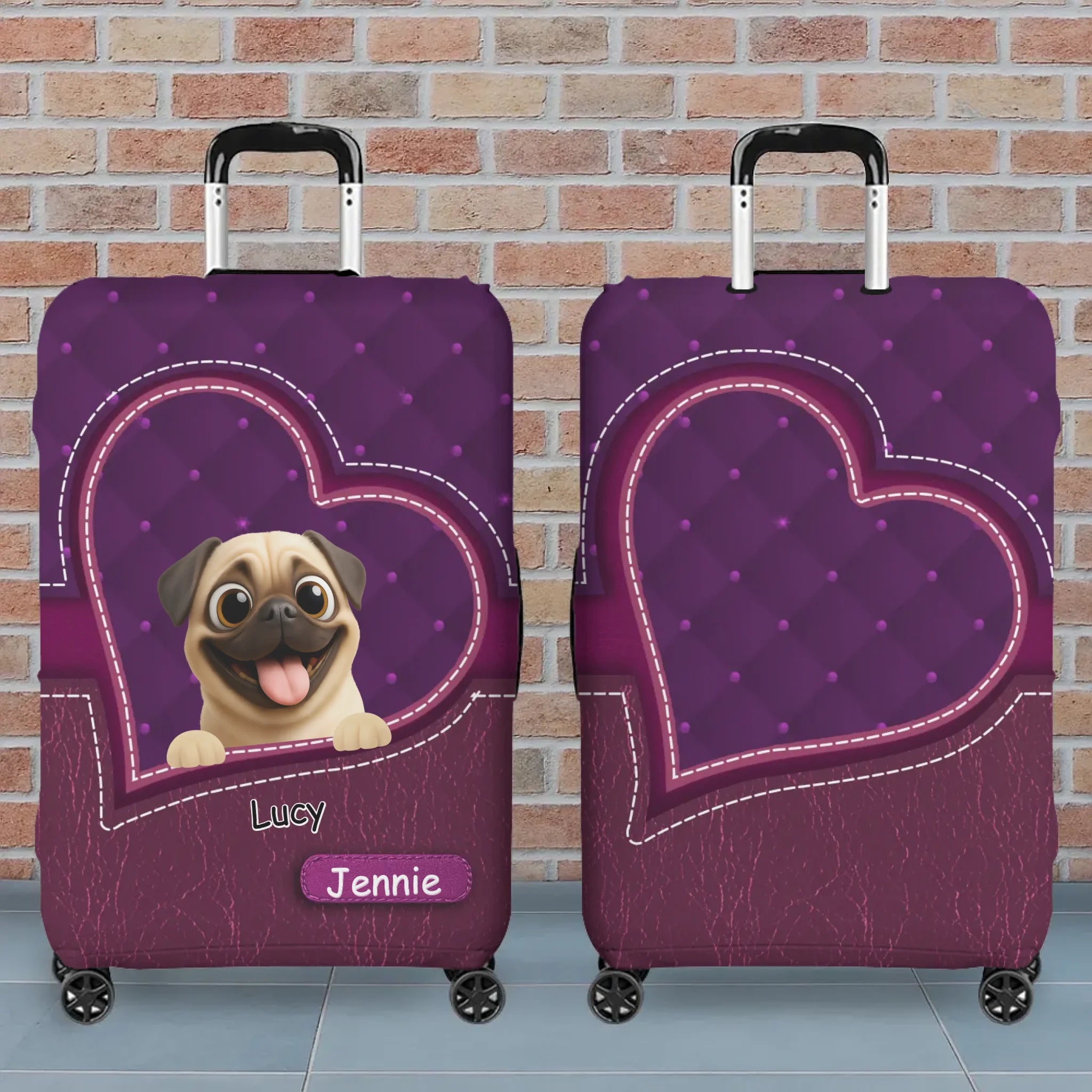 Customized Pug Lover Luggage Cover - Heart Pocket Travel Gift For Dog Lovers | 89Prints