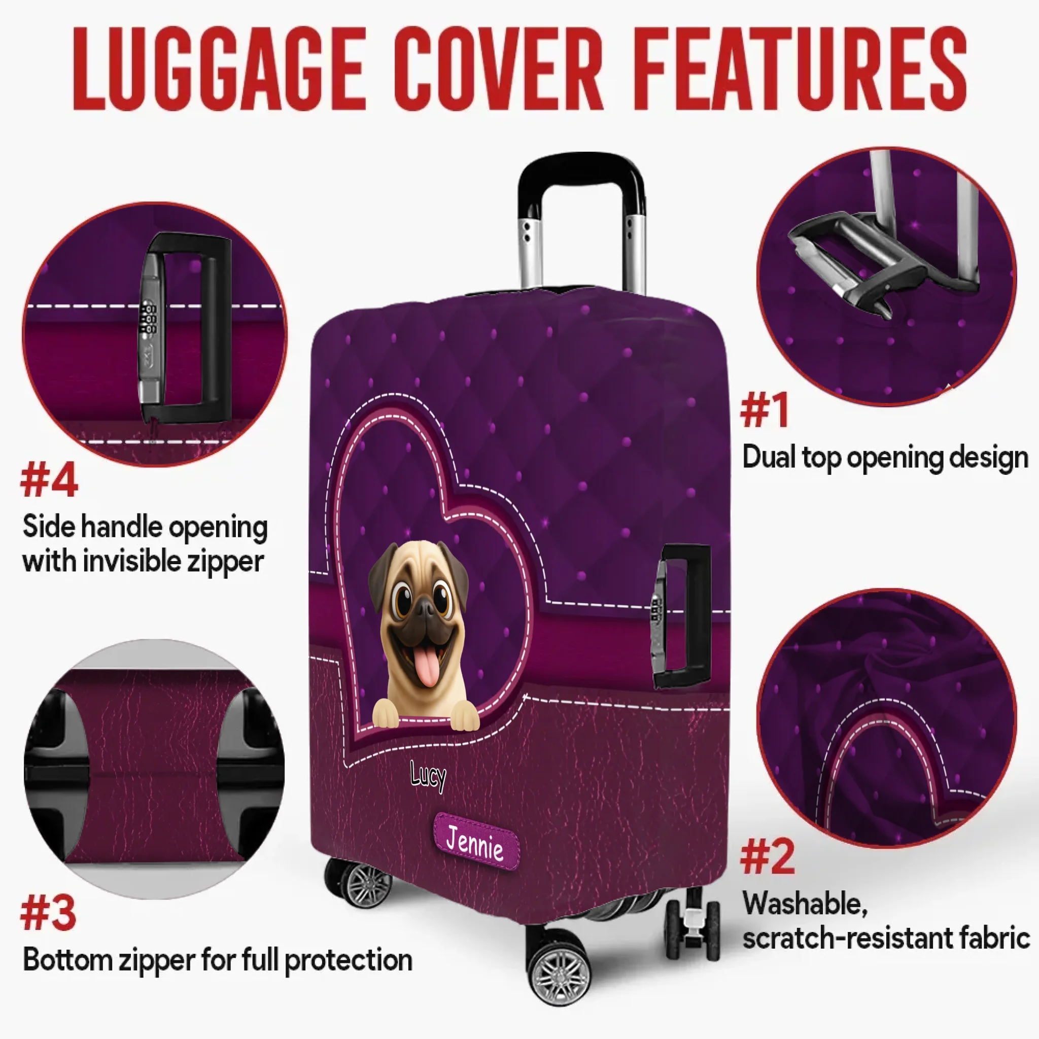 Customized Pug Lover Luggage Cover - Heart Pocket Travel Gift For Dog Lovers | 89Prints