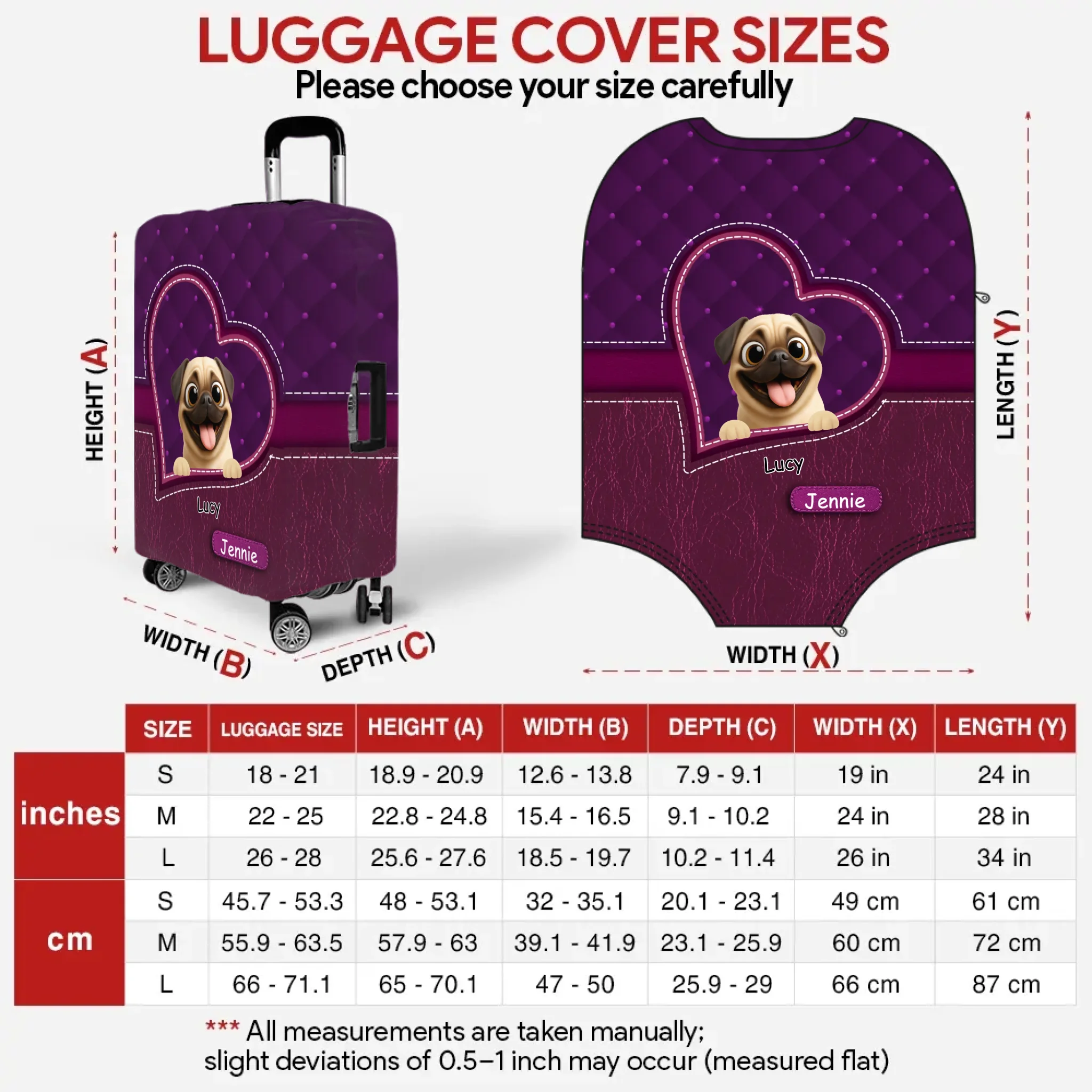 Customized Pug Lover Luggage Cover - Heart Pocket Travel Gift For Dog Lovers | 89Prints