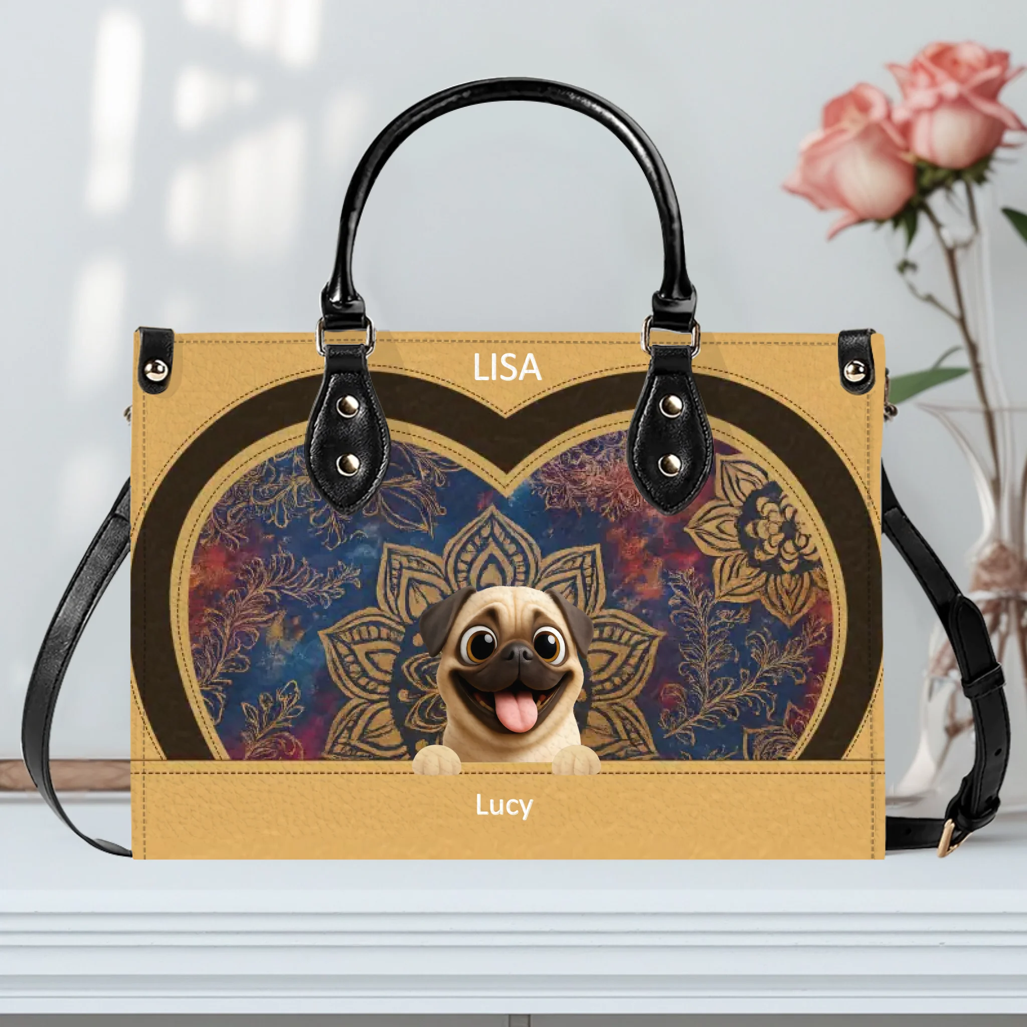 Customized Pug Lover Leather Handbag - Mandala Heart Pattern Dog Gift | 89Prints