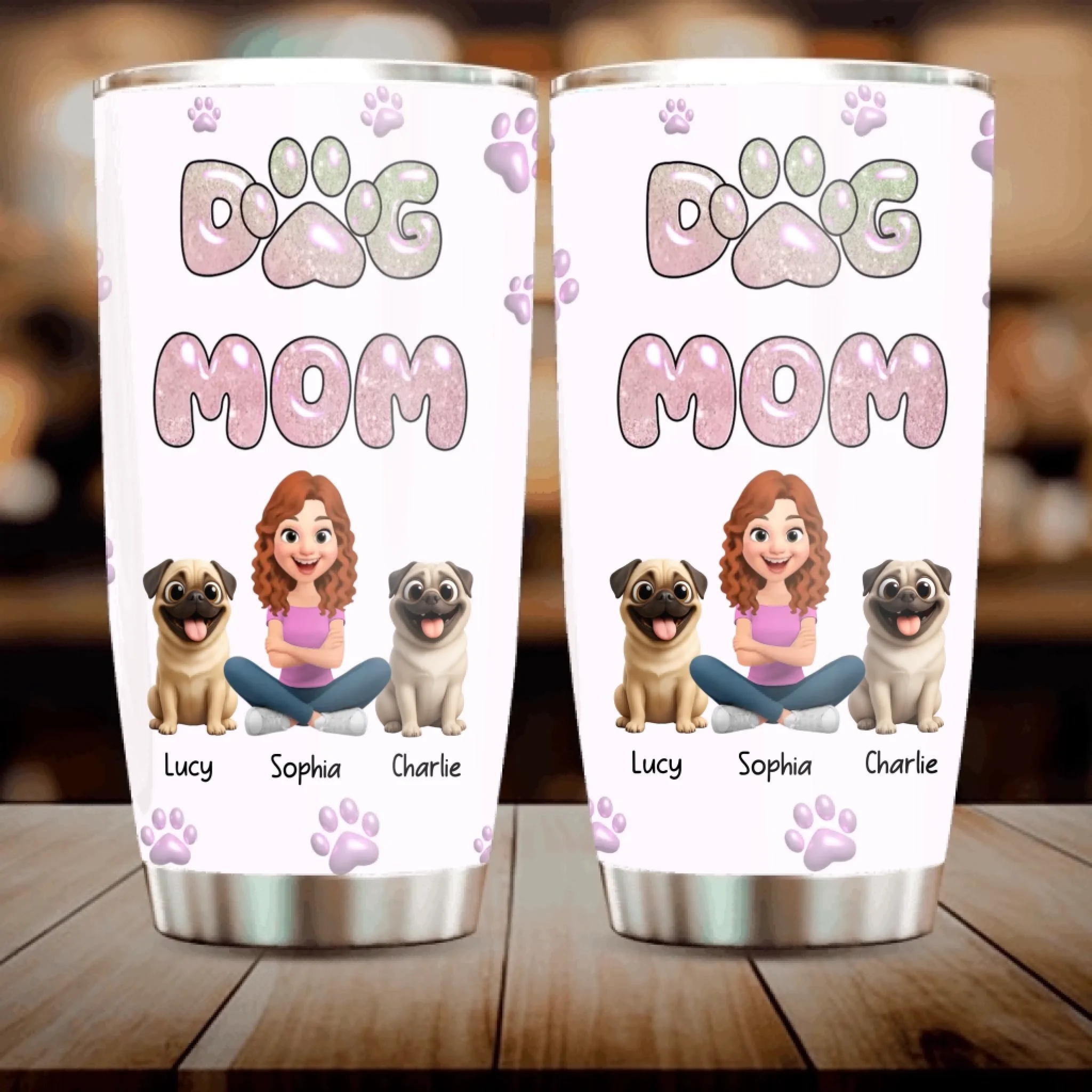 Personalized Pug Lover Tumbler – Girl And Dogs Illustration With Pet Names | 89Prints