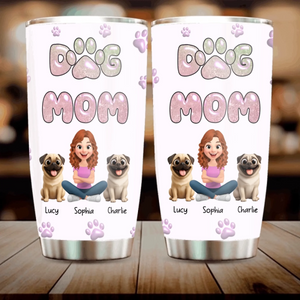 Personalized Pug Lover Tumbler – Girl And Dogs Illustration With Pet Names | 89Prints