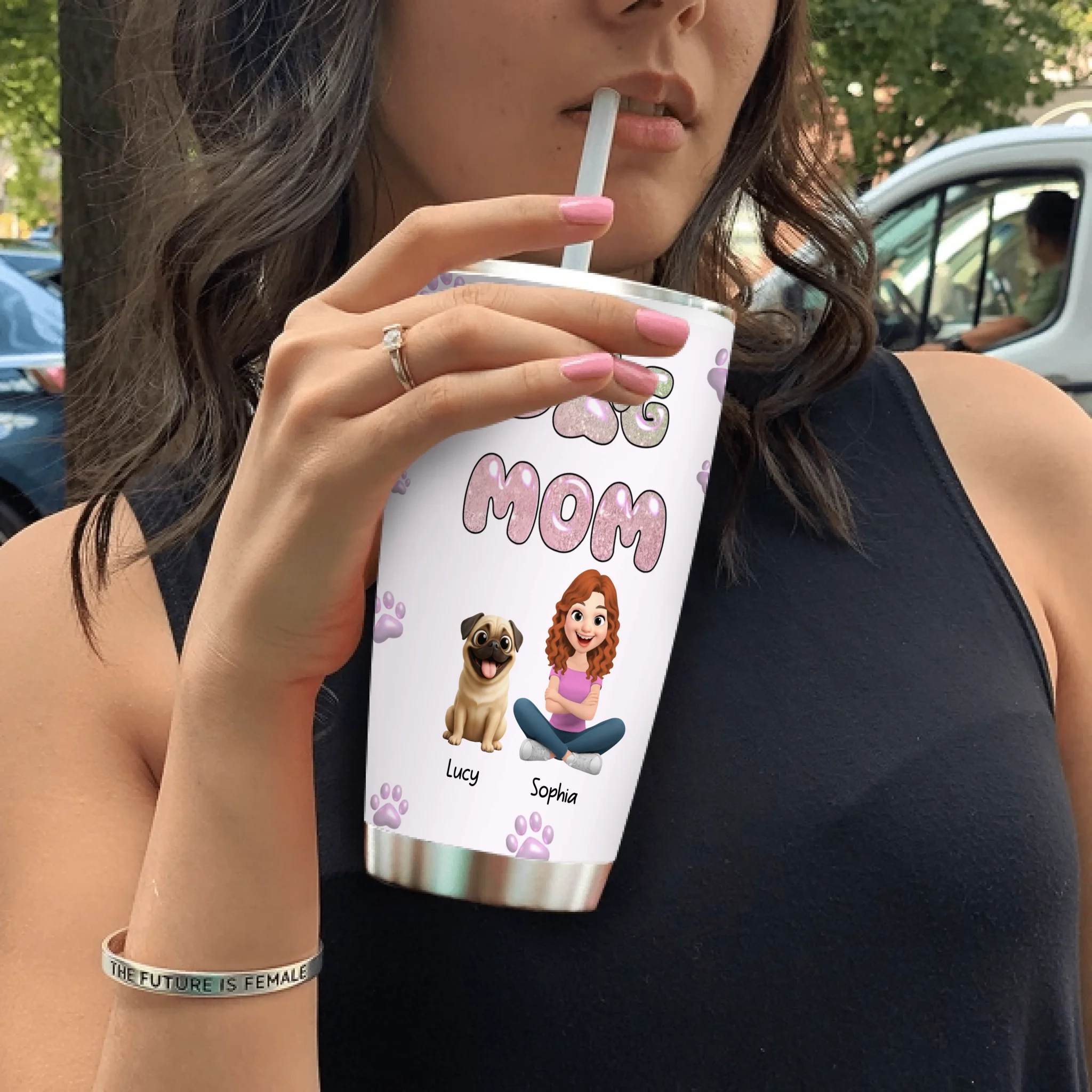 Personalized Pug Lover Tumbler – Girl And Dogs Illustration With Pet Names | 89Prints