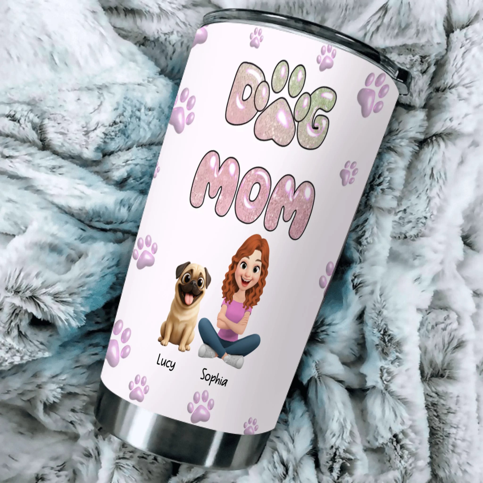 Personalized Pug Lover Tumbler – Girl And Dogs Illustration With Pet Names | 89Prints