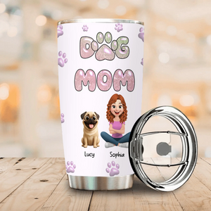 Personalized Pug Lover Tumbler – Girl And Dogs Illustration With Pet Names | 89Prints
