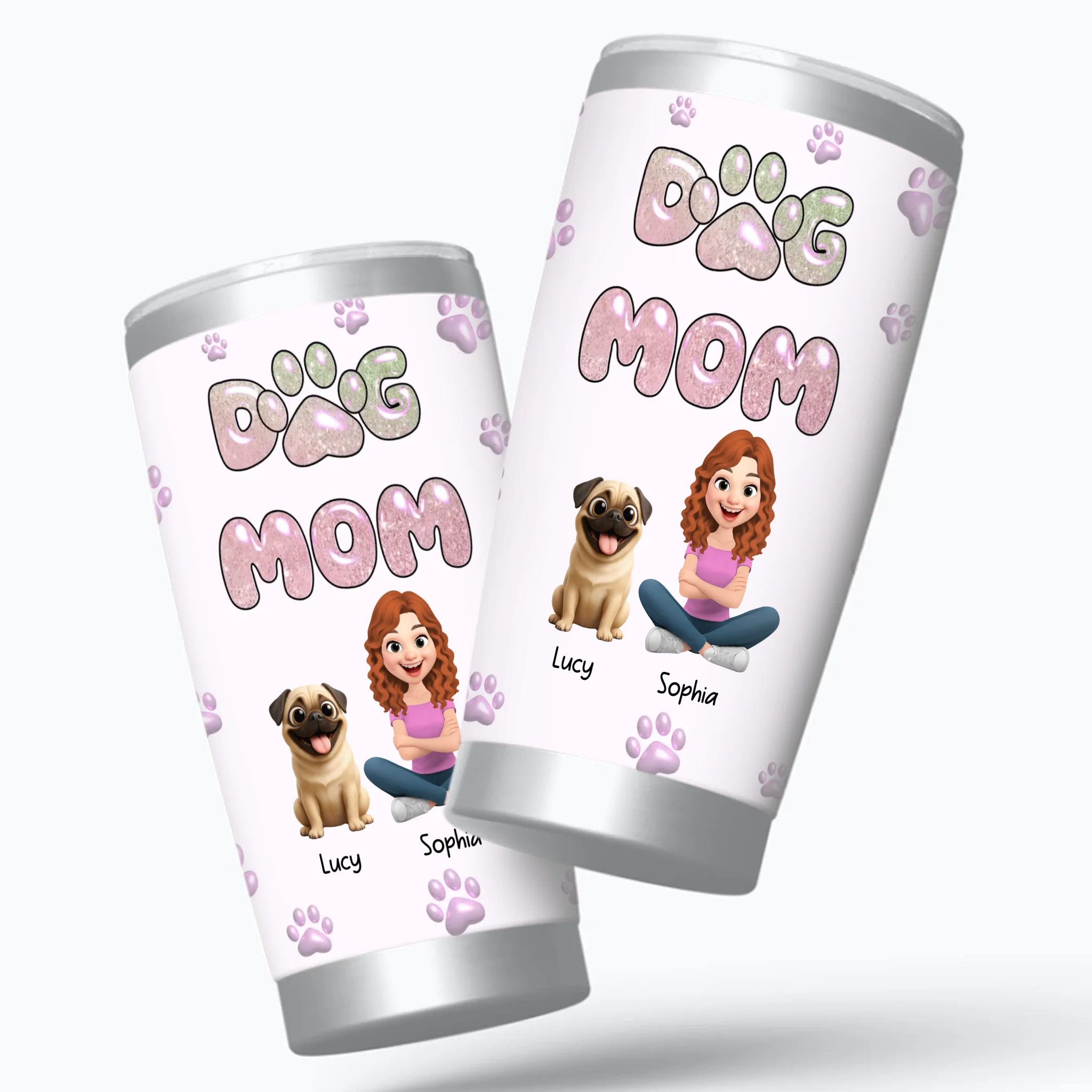 Personalized Pug Lover Tumbler – Girl And Dogs Illustration With Pet Names | 89Prints