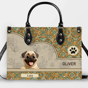 Custom Pug Lover Leather Handbag - Vintage Floral Tile Pattern Dog Gift | 89Prints