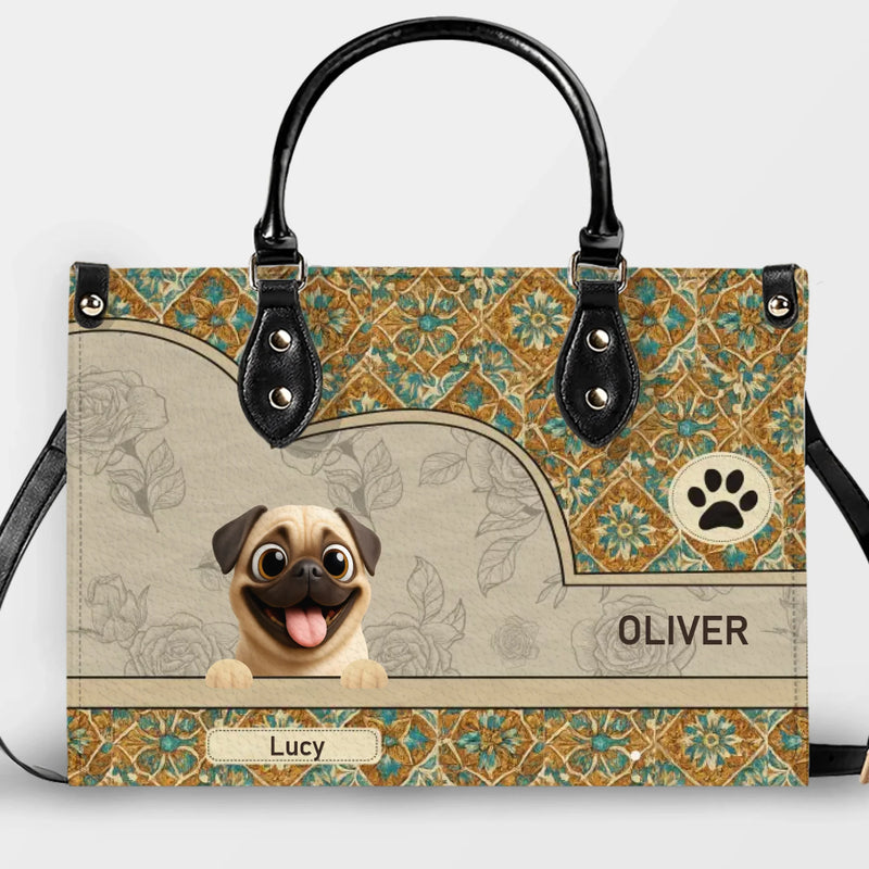 Custom Pug Lover Leather Handbag - Vintage Floral Tile Pattern Dog Gift | 89Prints