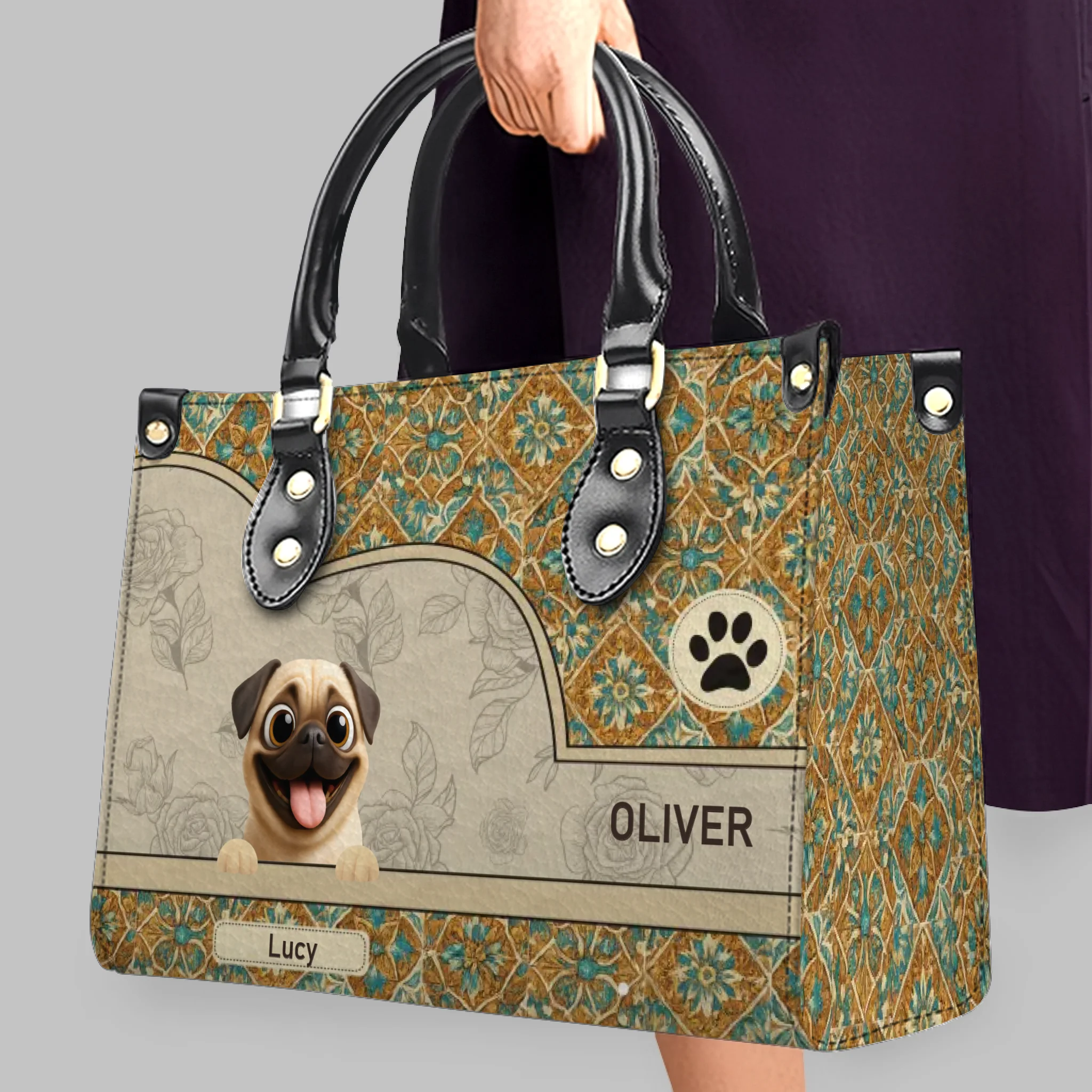 Custom Pug Lover Leather Handbag - Vintage Floral Tile Pattern Dog Gift | 89Prints